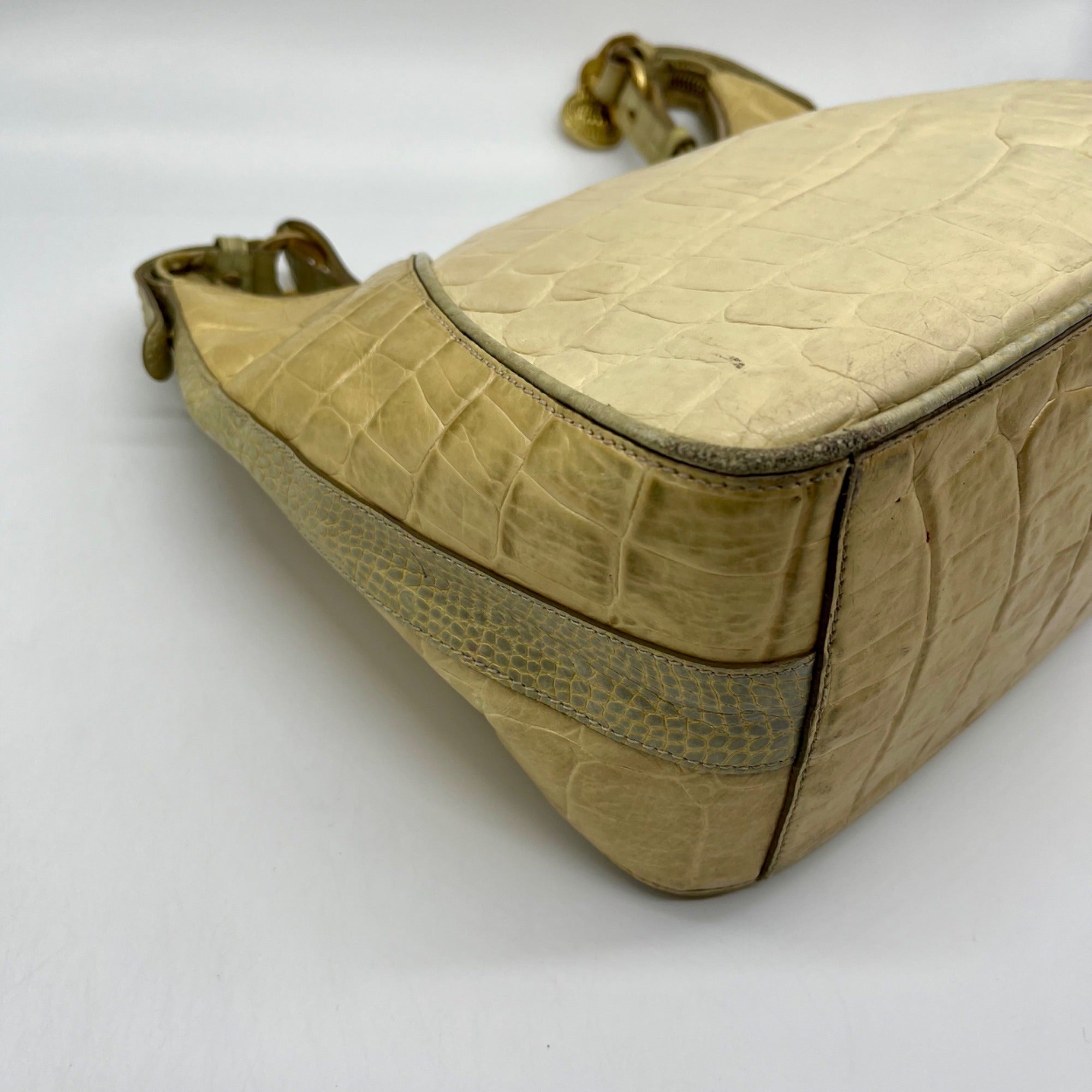 Brahmin Beige Crock-Embossed Leather Shoulder Bag