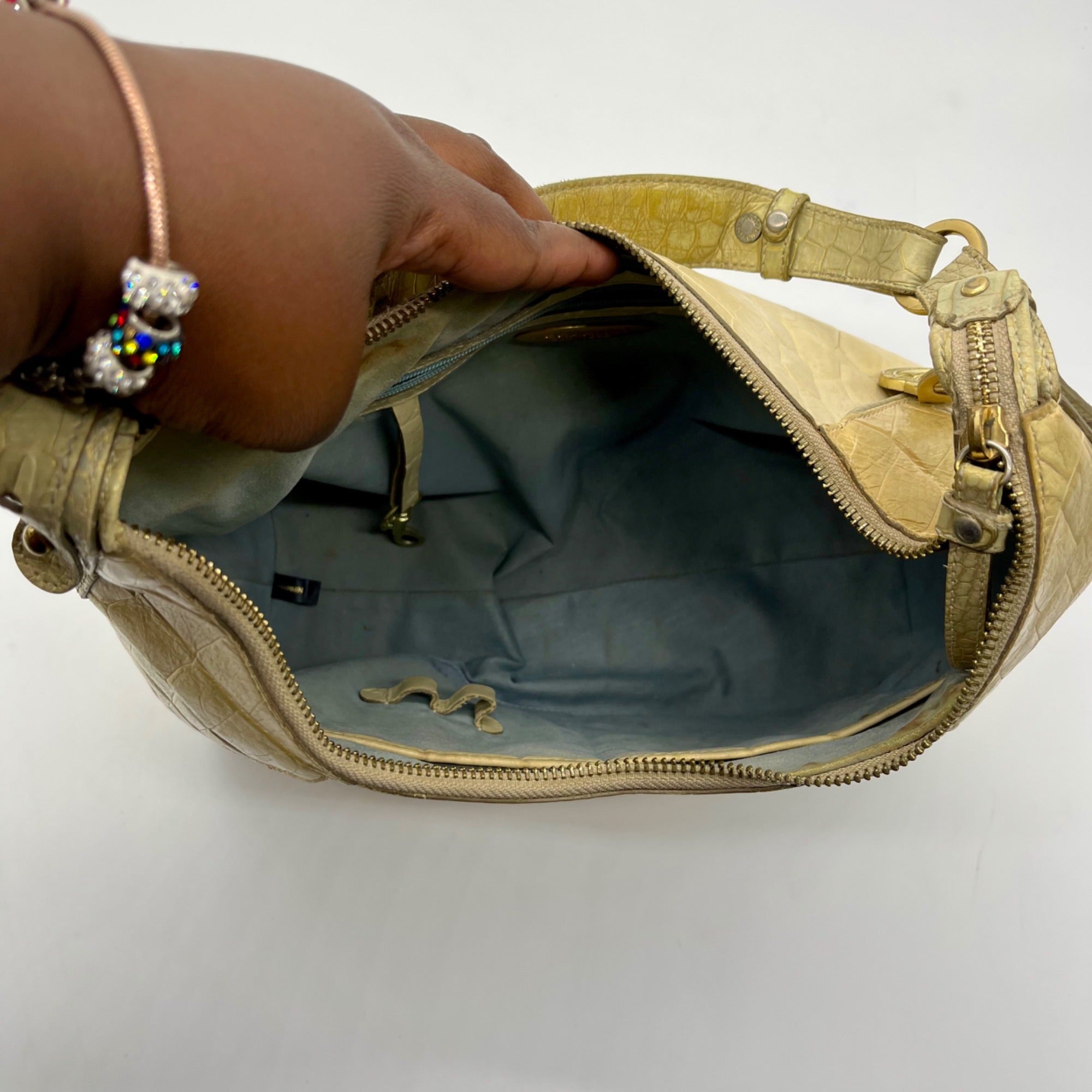 Brahmin Beige Crock-Embossed Leather Shoulder Bag