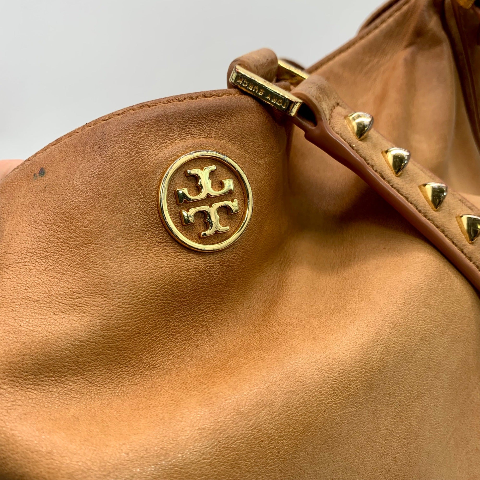 Tory Burch Tan Leather Pyramid Studded Hobo Shoulder Bag