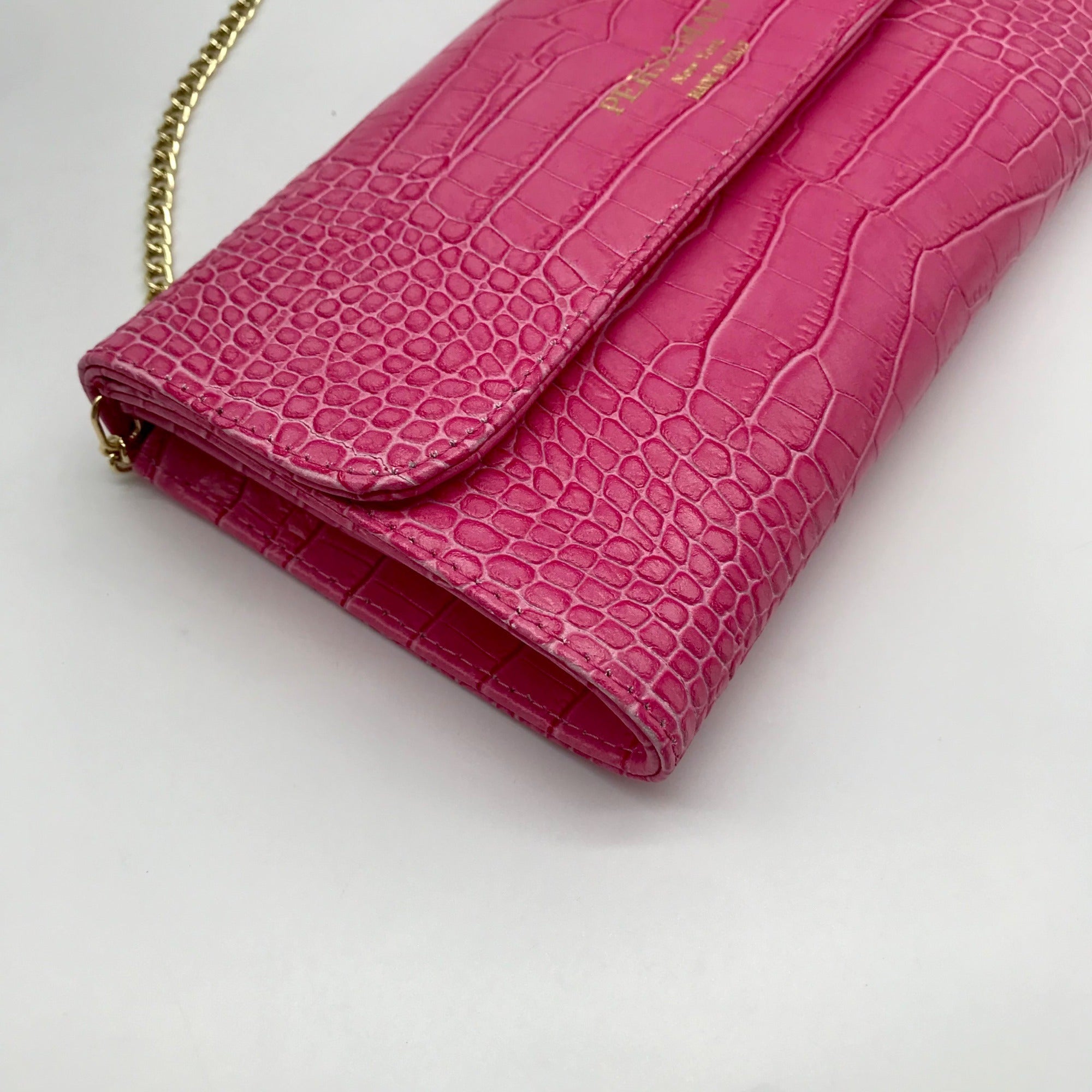 Persaman Pink Croc Embossed Leather Priscilla Crossbody Clutch