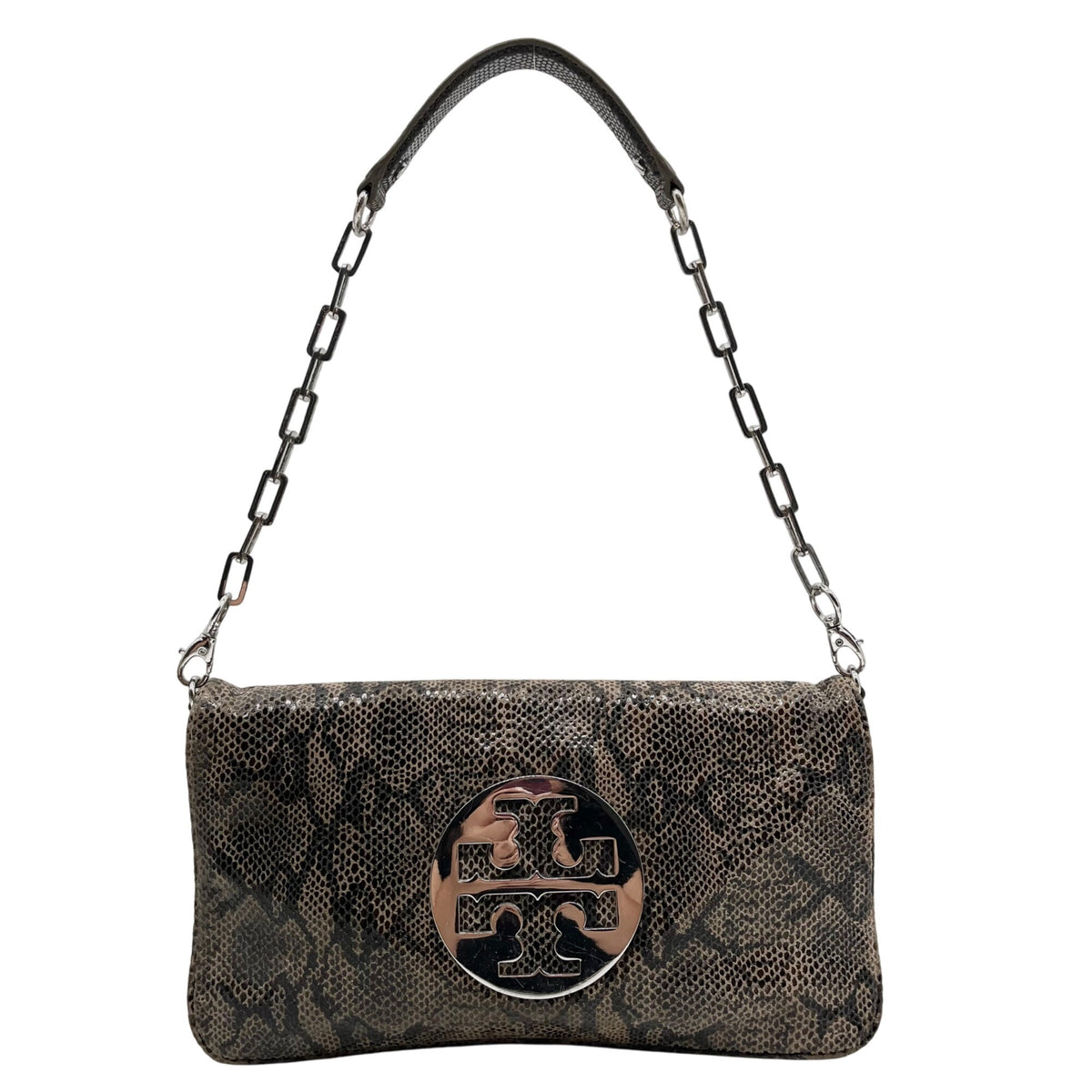 Tory Burch Gray &amp; Black Snake Embossed Leather Reva Clutch