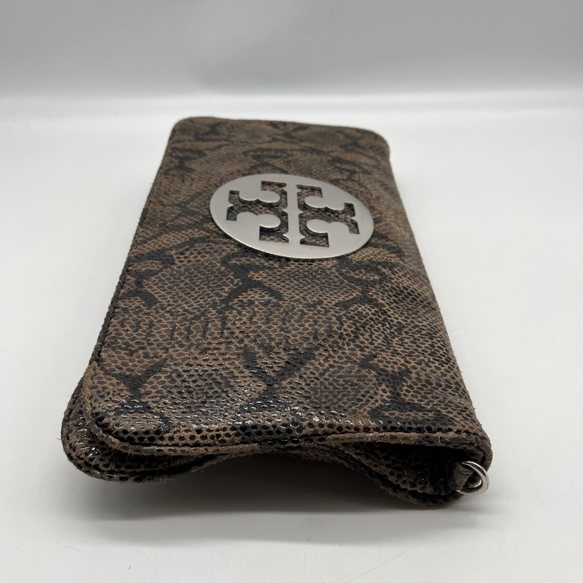 Tory Burch Gray &amp; Black Snake Embossed Leather Reva Clutch