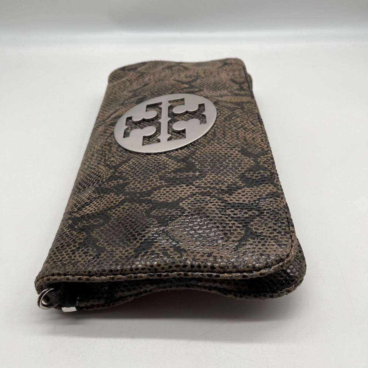 Tory Burch Gray &amp; Black Snake Embossed Leather Reva Clutch