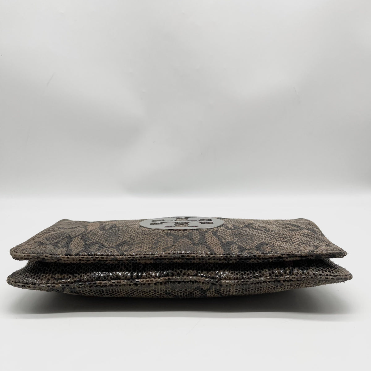 Tory Burch Gray &amp; Black Snake Embossed Leather Reva Clutch