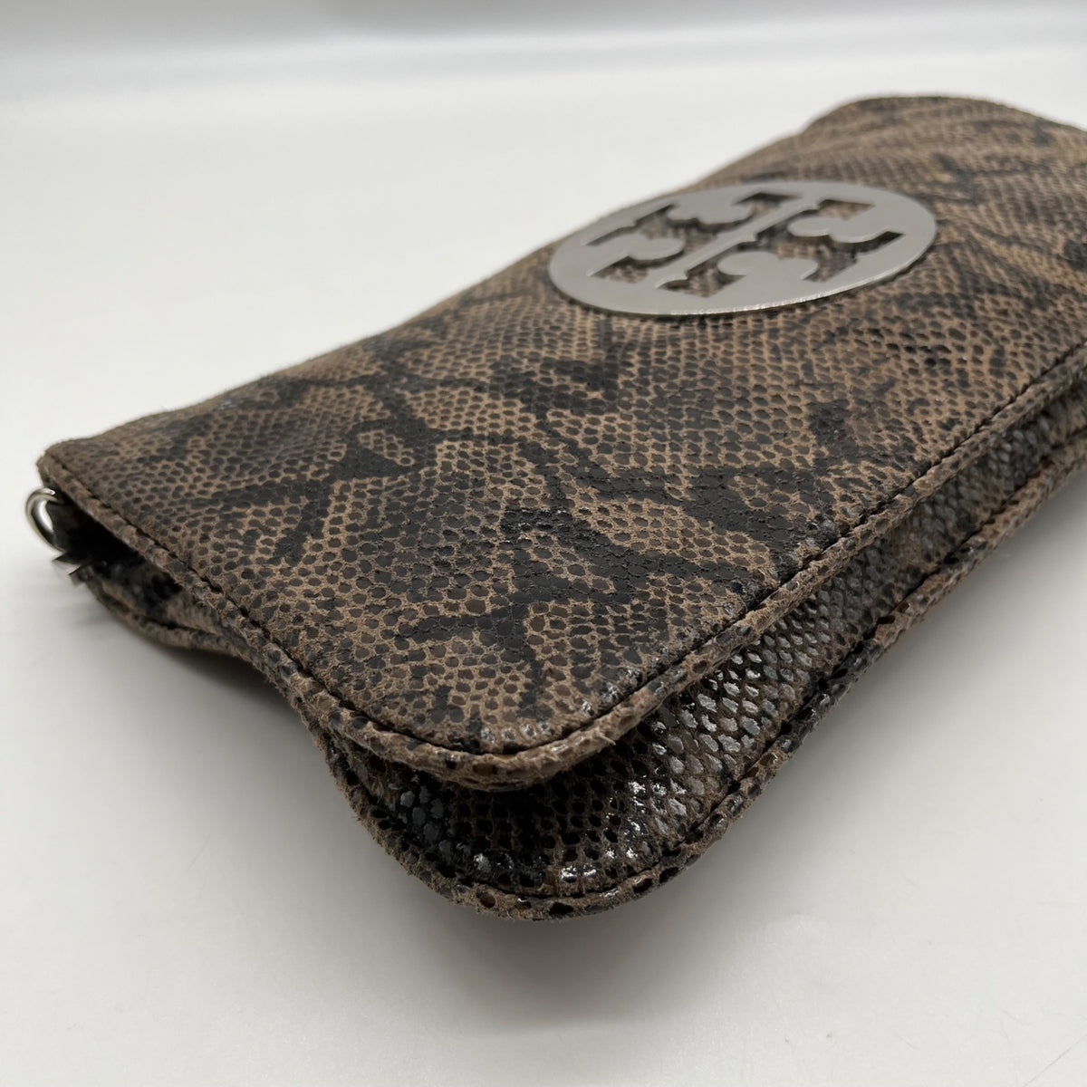 Tory Burch Gray &amp; Black Snake Embossed Leather Reva Clutch