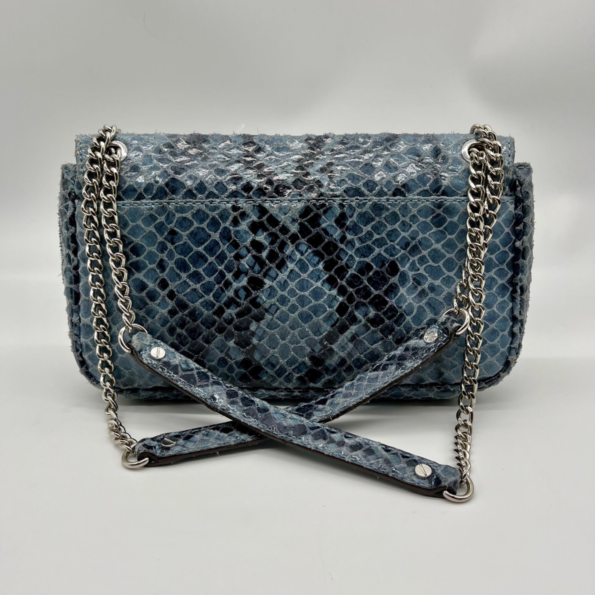 Michael Kors Blue Leather Fulton Denium Python Flap Shoulder Bag