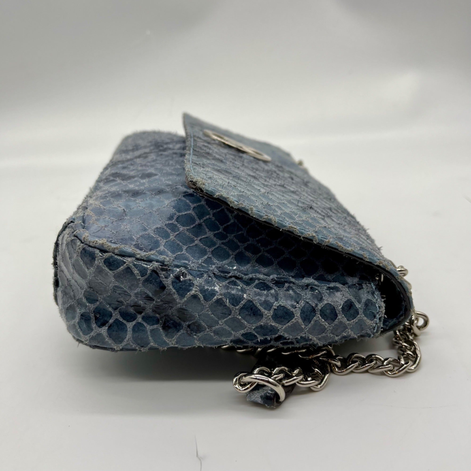 Michael Kors Blue Leather Fulton Denium Python Flap Shoulder Bag