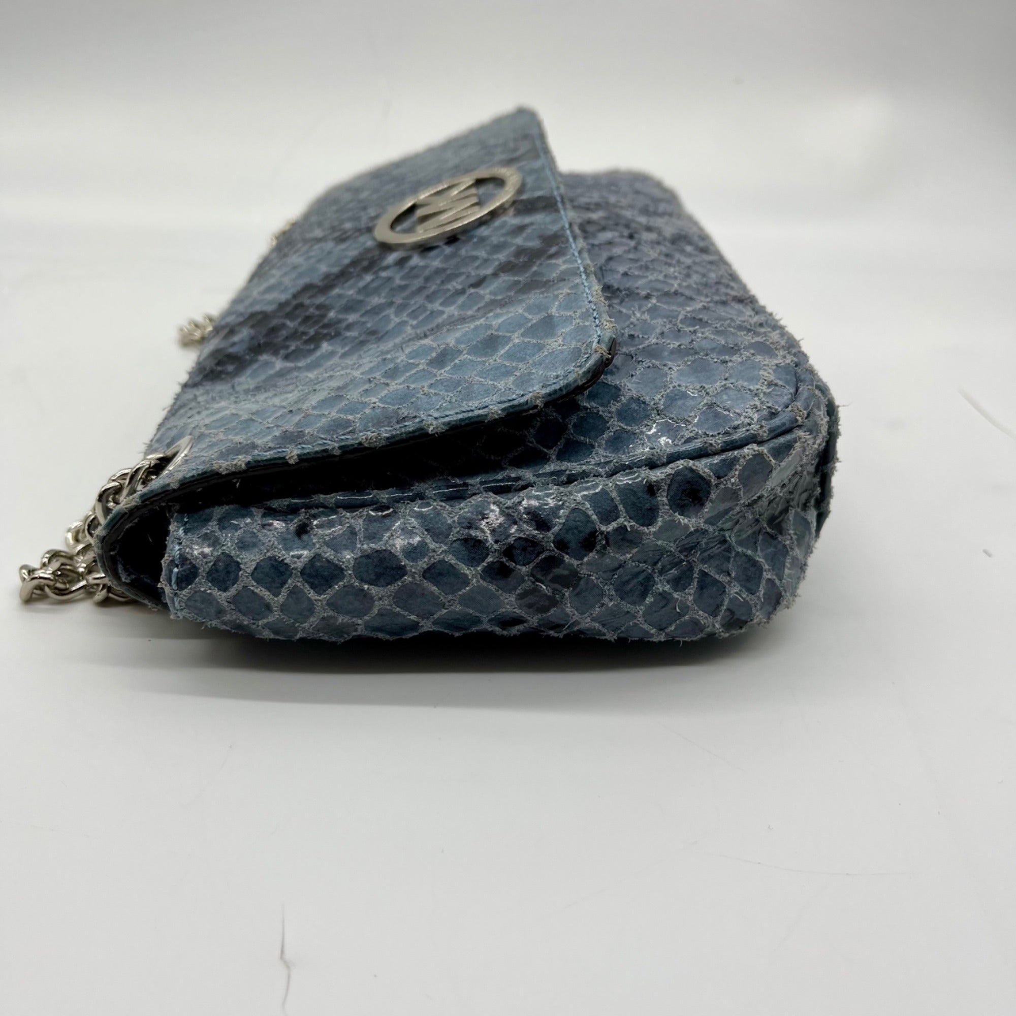 Michael Kors Blue Leather Fulton Denium Python Flap Shoulder Bag
