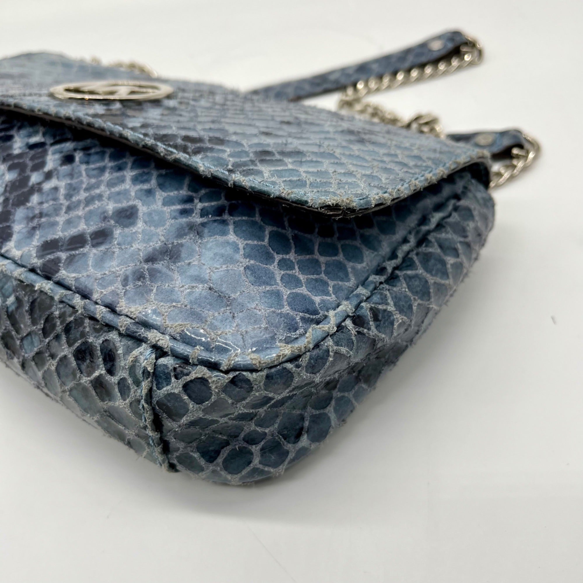 Michael Kors Blue Leather Fulton Denium Python Flap Shoulder Bag