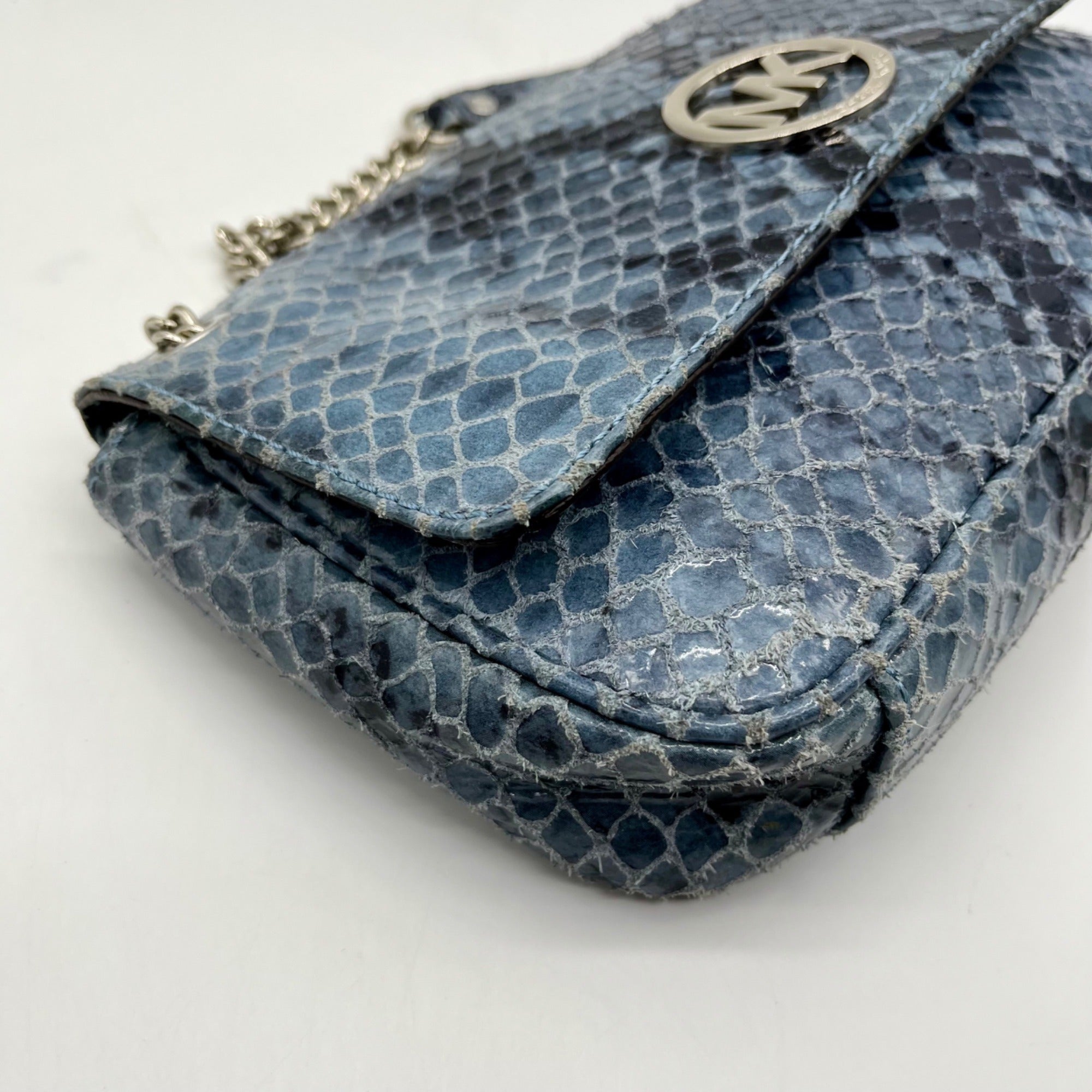 Michael Kors Blue Leather Fulton Denium Python Flap Shoulder Bag