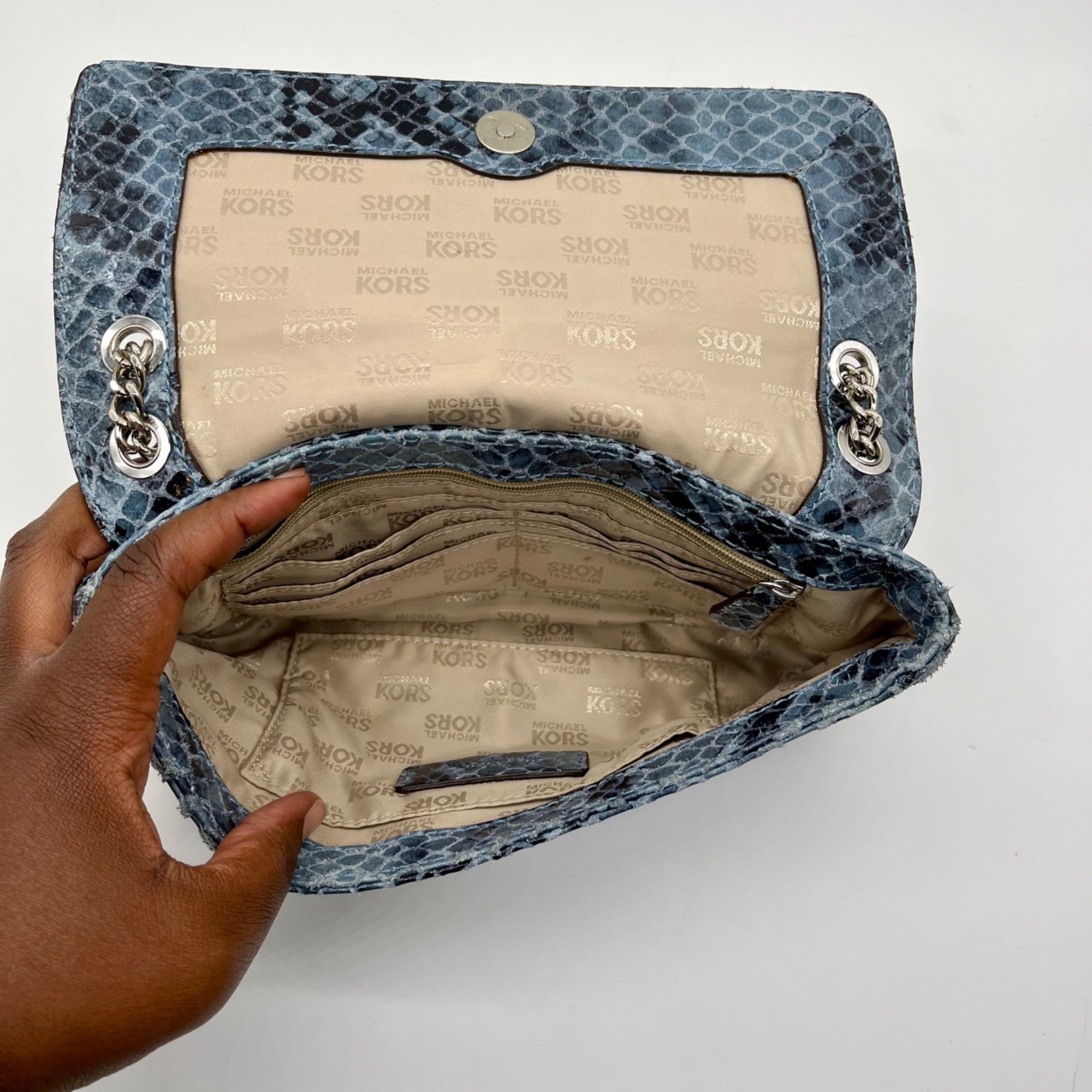 Michael Kors Blue Leather Fulton Denium Python Flap Shoulder Bag