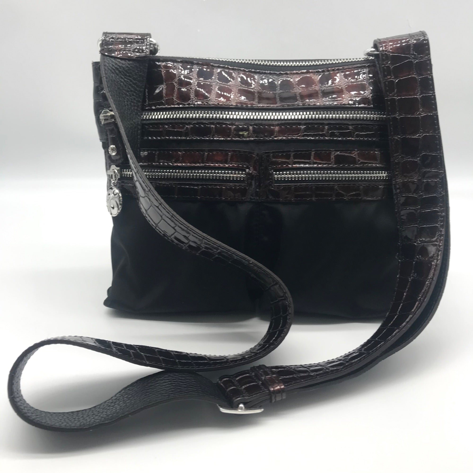 Brighton Black &amp; Brown Croc Embossed Patent Leather Go Go Crossbody Bag