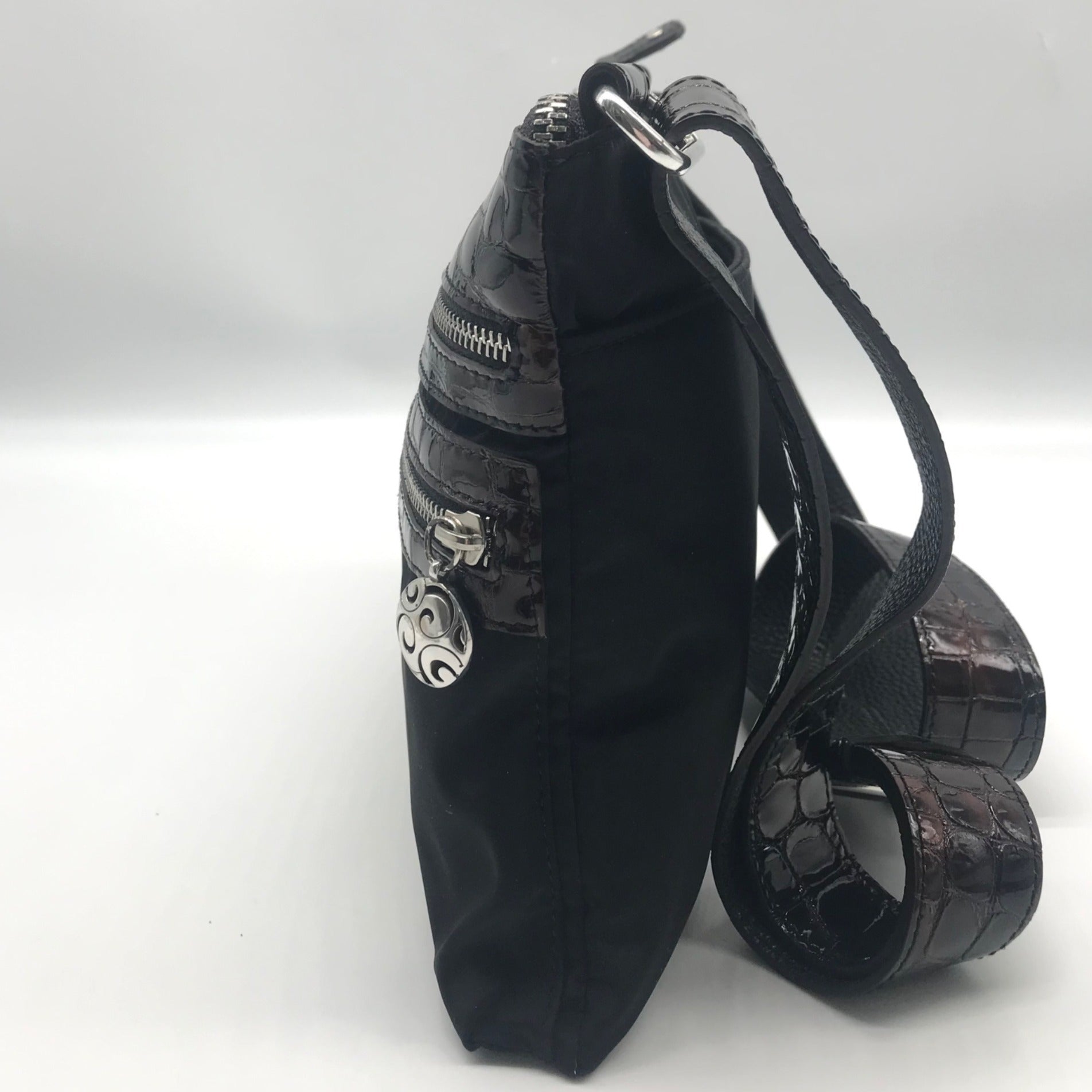 Brighton Black &amp; Brown Croc Embossed Patent Leather Go Go Crossbody Bag