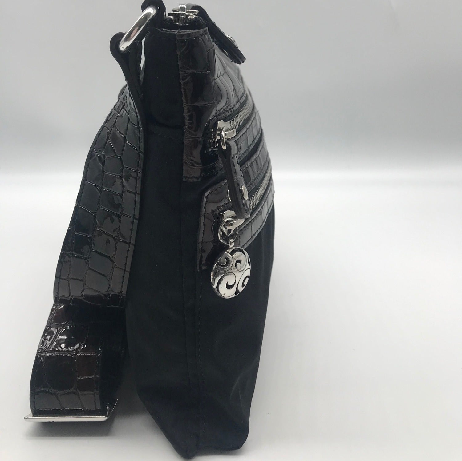 Brighton Black &amp; Brown Croc Embossed Patent Leather Go Go Crossbody Bag