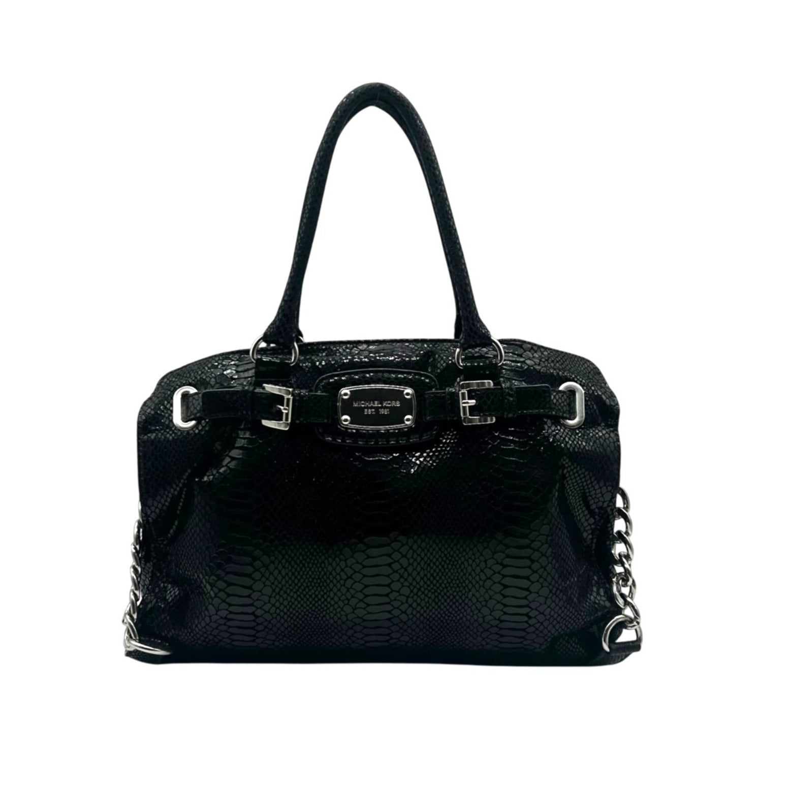 Michael Kors Black Leather Snake Embossed East West Hamilton Satchel Bag