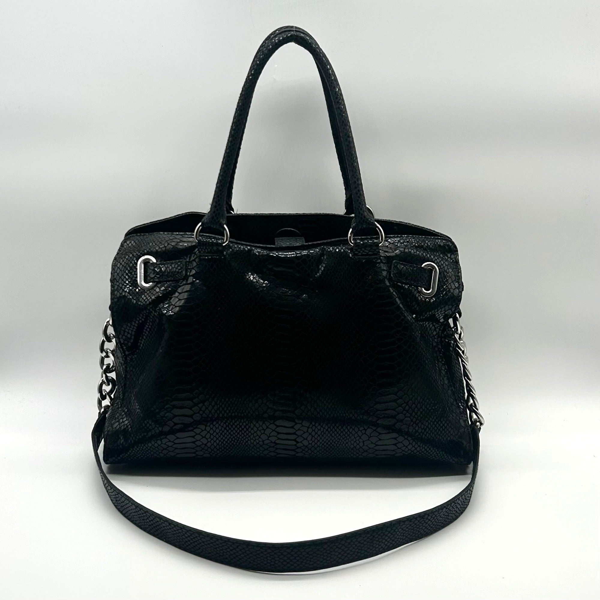 Michael Kors Black Leather Snake Embossed East West Hamilton Satchel Bag