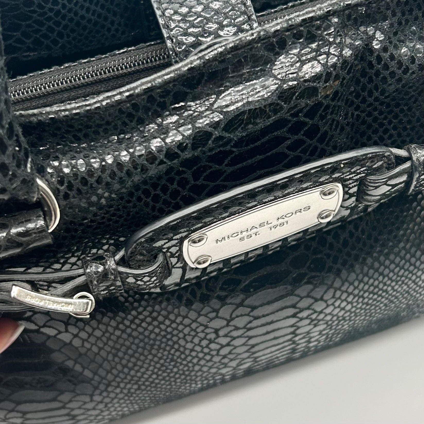 Michael Kors Black Leather Snake Embossed East West Hamilton Satchel Bag