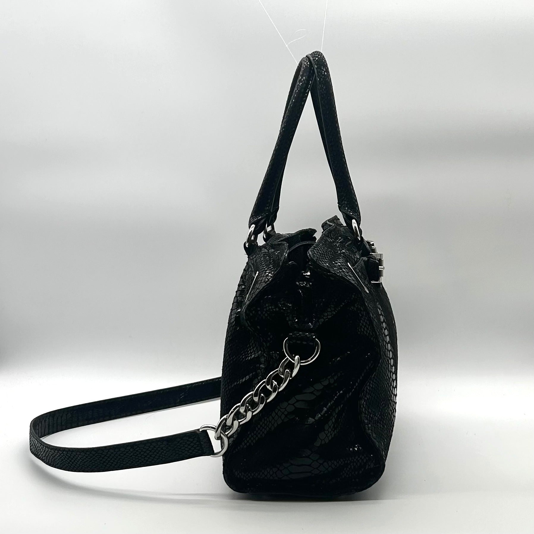 Michael Kors Black Leather Snake Embossed East West Hamilton Satchel Bag