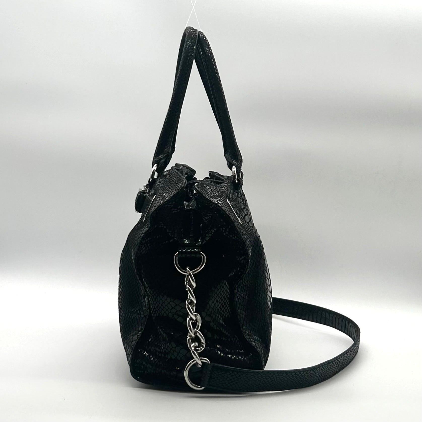 Michael Kors Black Leather Snake Embossed East West Hamilton Satchel Bag