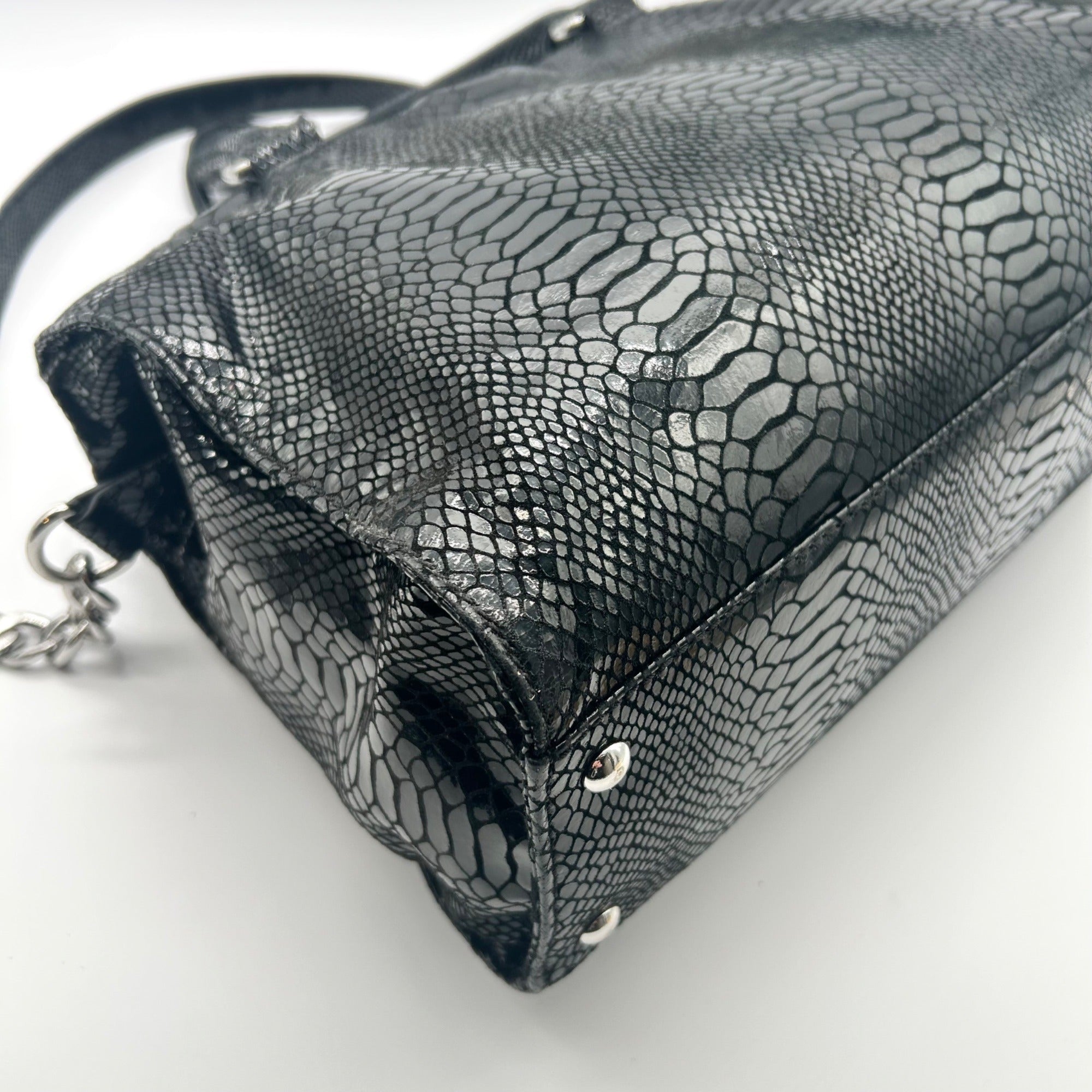 Michael Kors Black Leather Snake Embossed East West Hamilton Satchel Bag