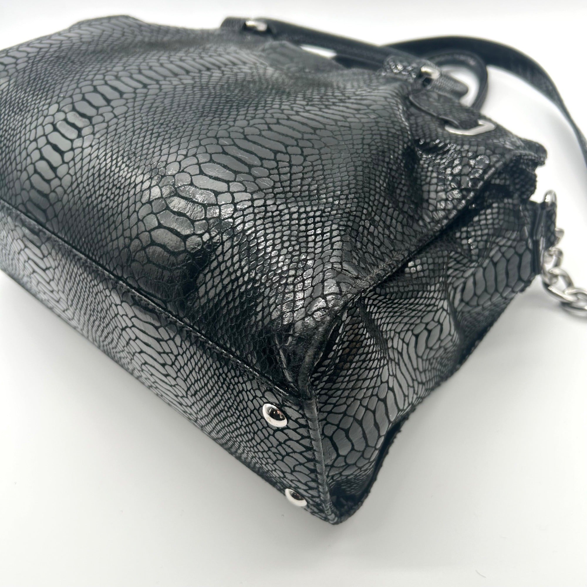 Michael Kors Black Leather Snake Embossed East West Hamilton Satchel Bag