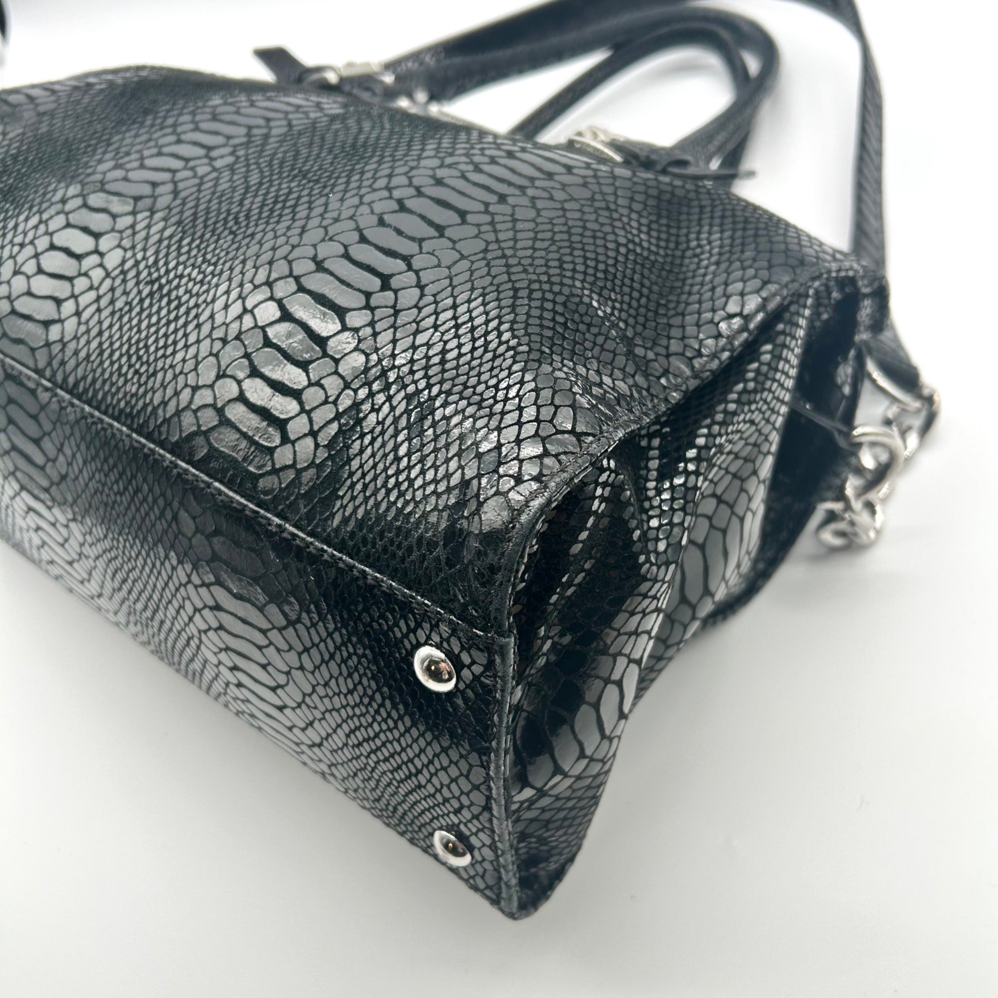 Michael Kors Black Leather Snake Embossed East West Hamilton Satchel Bag