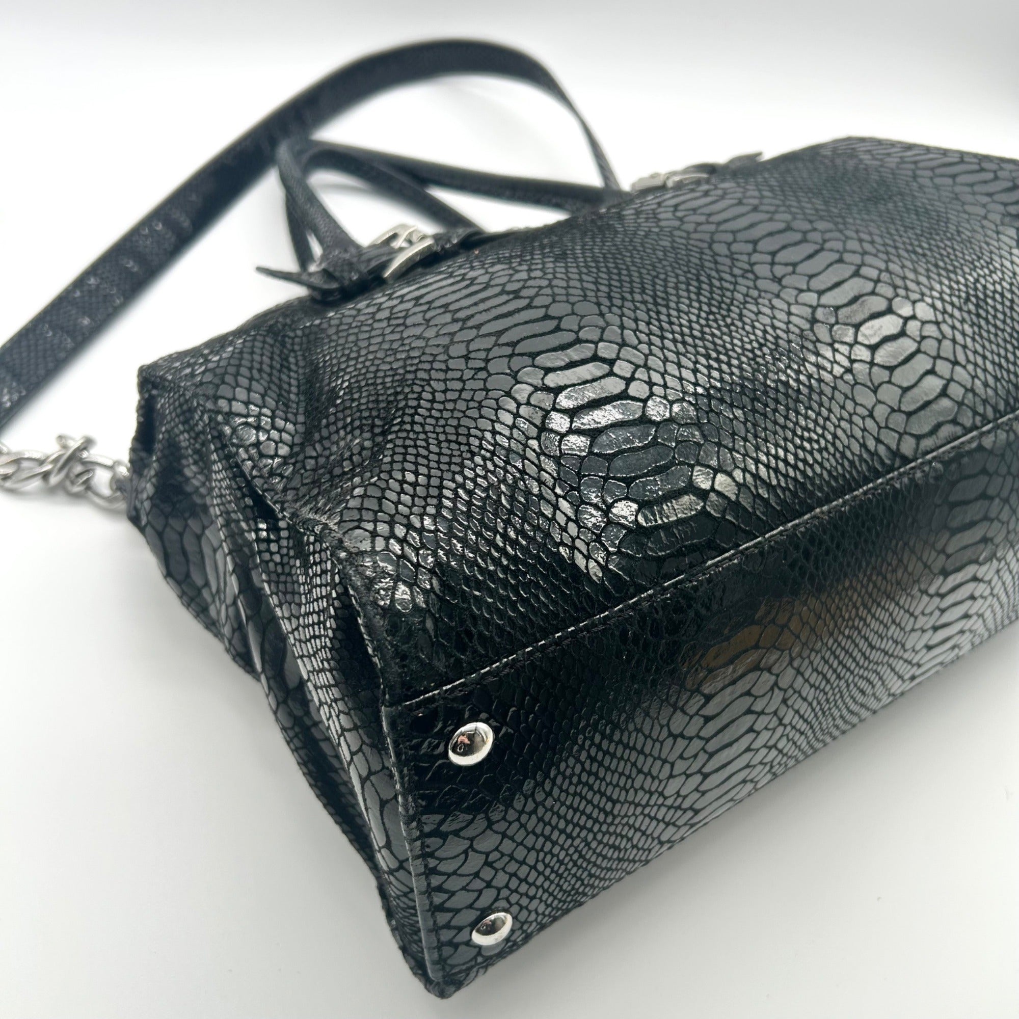 Michael Kors Black Leather Snake Embossed East West Hamilton Satchel Bag