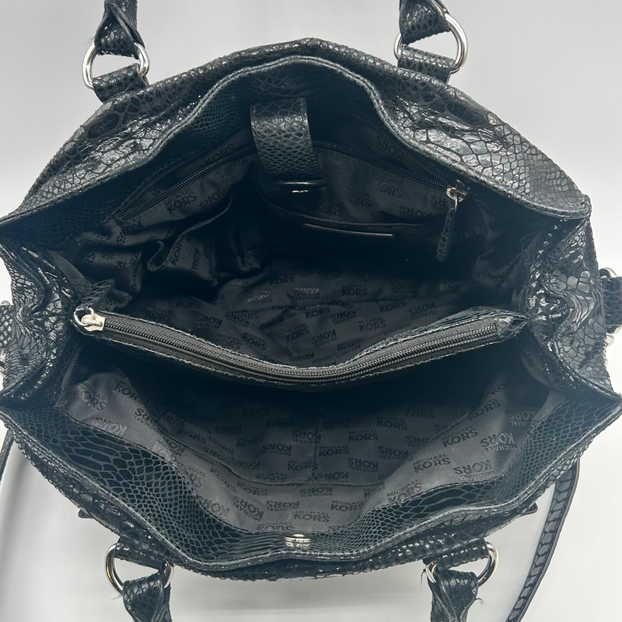 Michael Kors Black Leather Snake Embossed East West Hamilton Satchel Bag