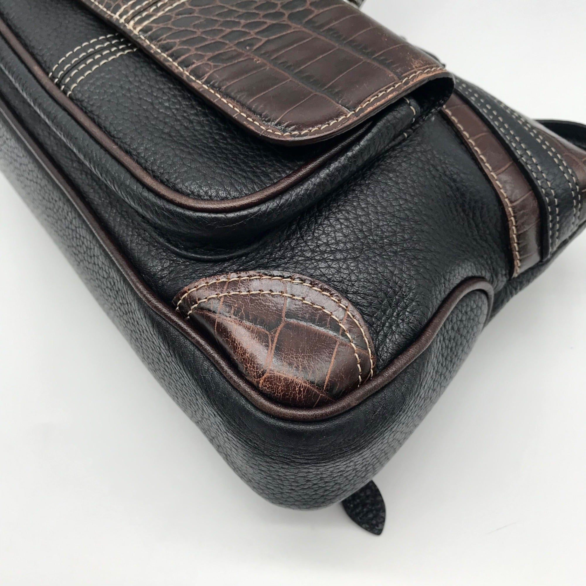 Brighton Black &amp; Brown Croc Embossed Leather Organizer Shoulder Bag