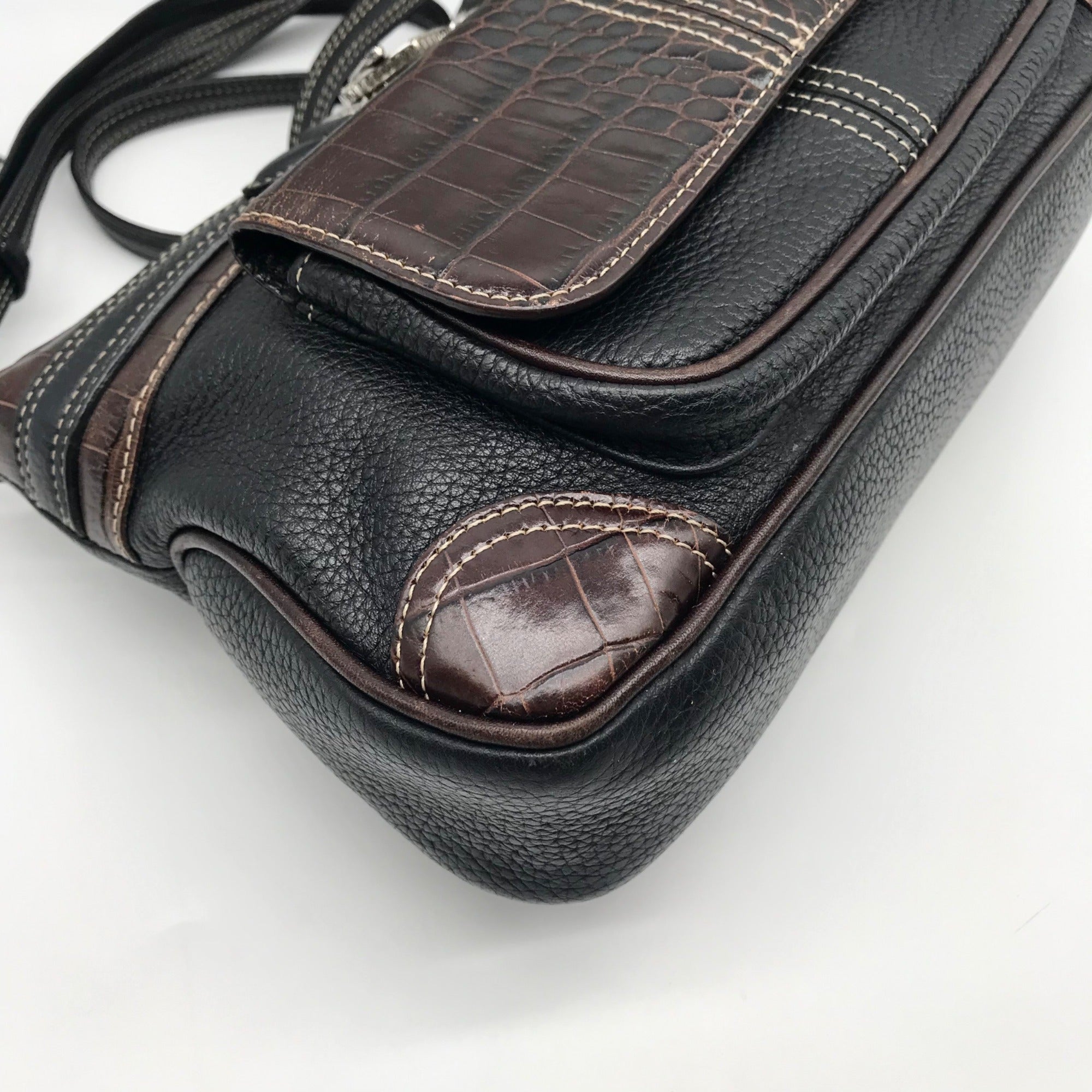 Brighton Black &amp; Brown Croc Embossed Leather Organizer Shoulder Bag