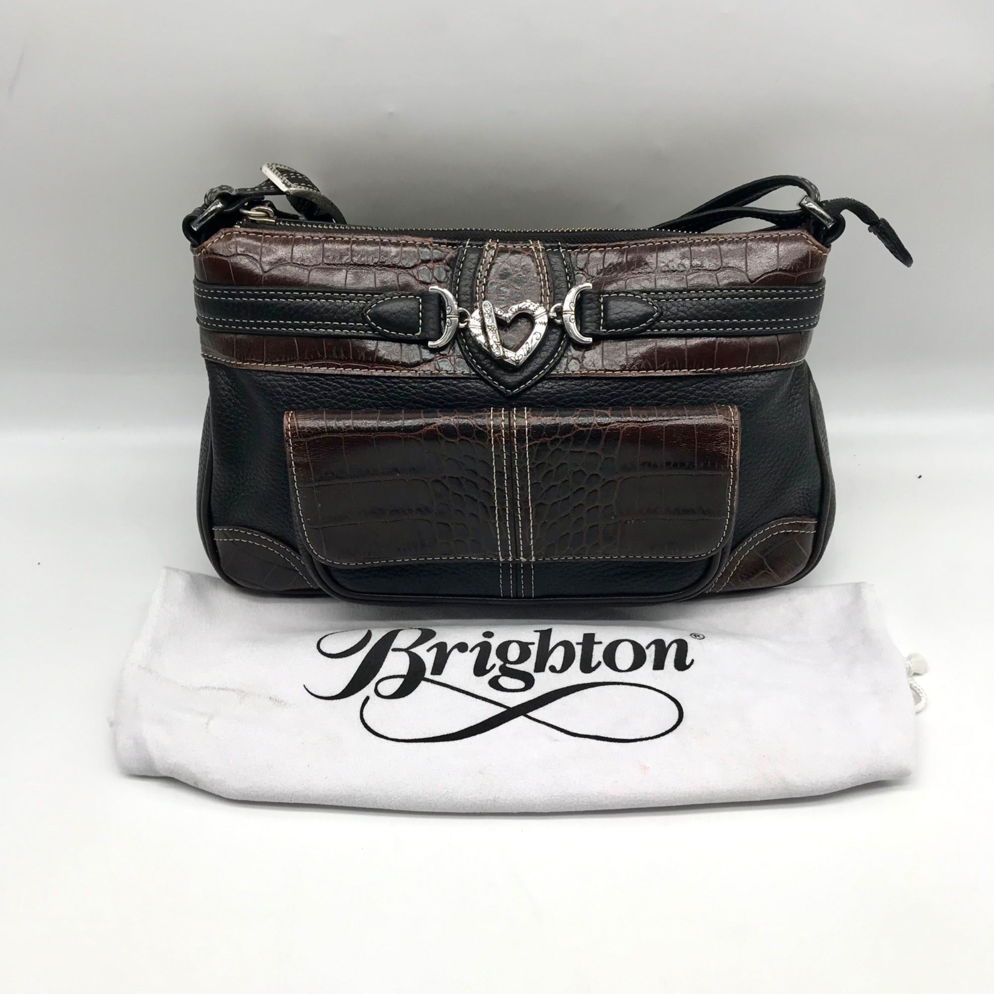 Brighton Black &amp; Brown Croc Embossed Leather Organizer Shoulder Bag