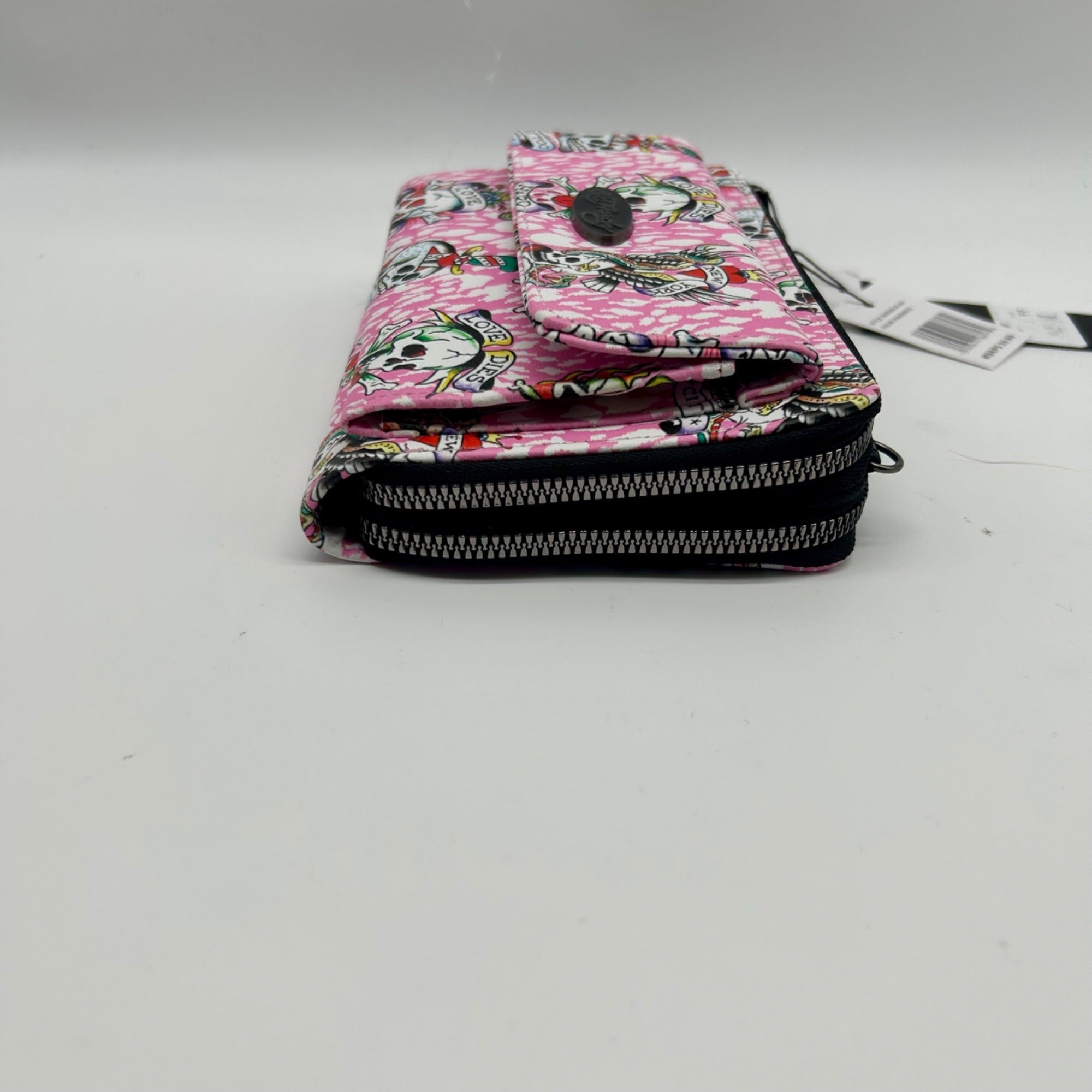 Ed Hardy Pink Faux Leather Skull Convertible Wallet