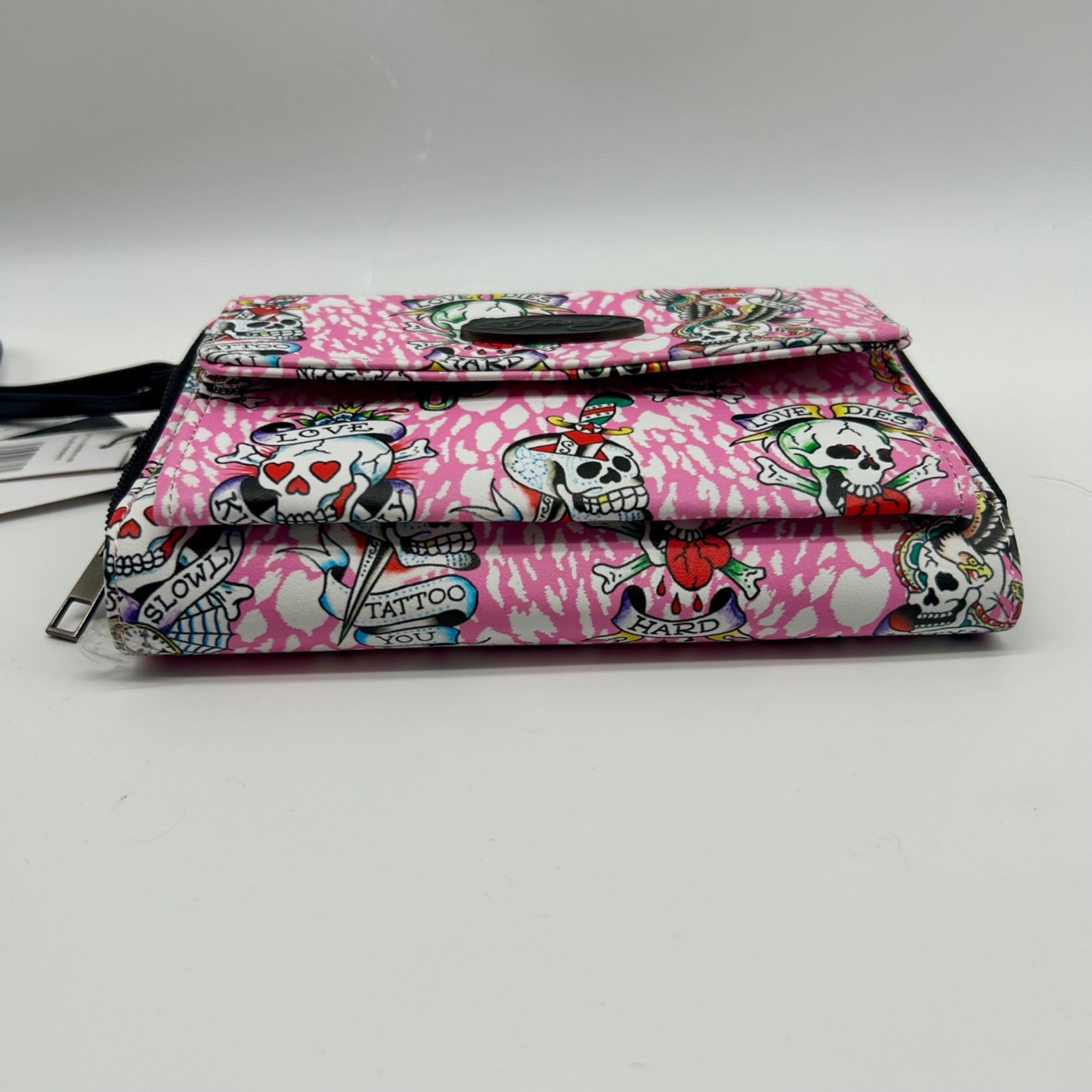 Ed Hardy Pink Faux Leather Skull Convertible Wallet