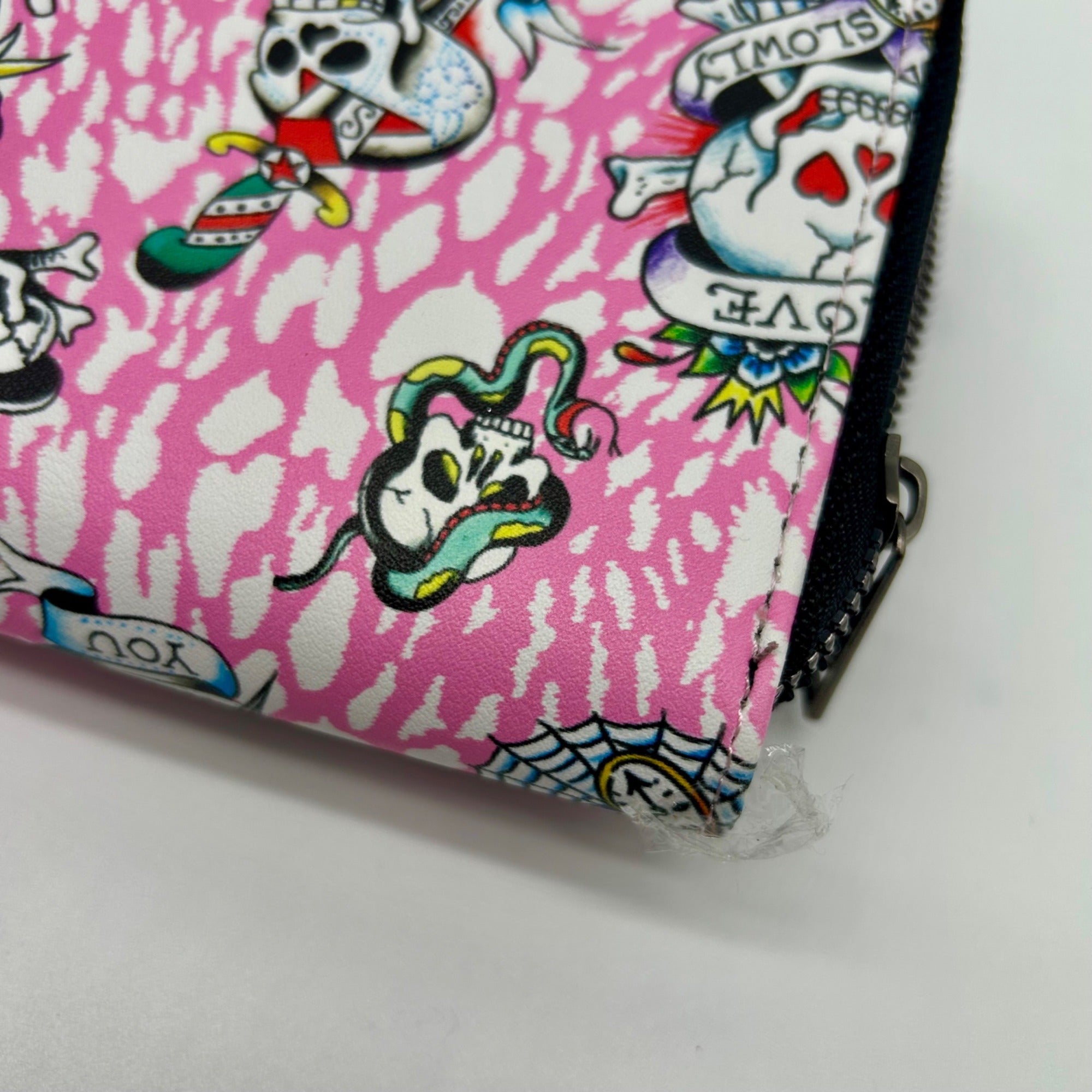Ed Hardy Pink Faux Leather Skull Convertible Wallet