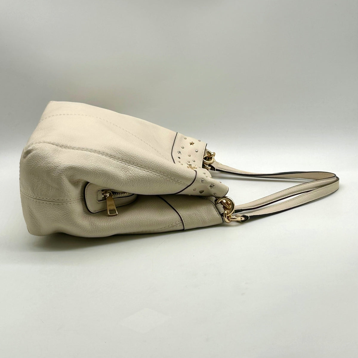 Coach Ivory Pebbled Leather Star Dust Studded Shoulder Bag