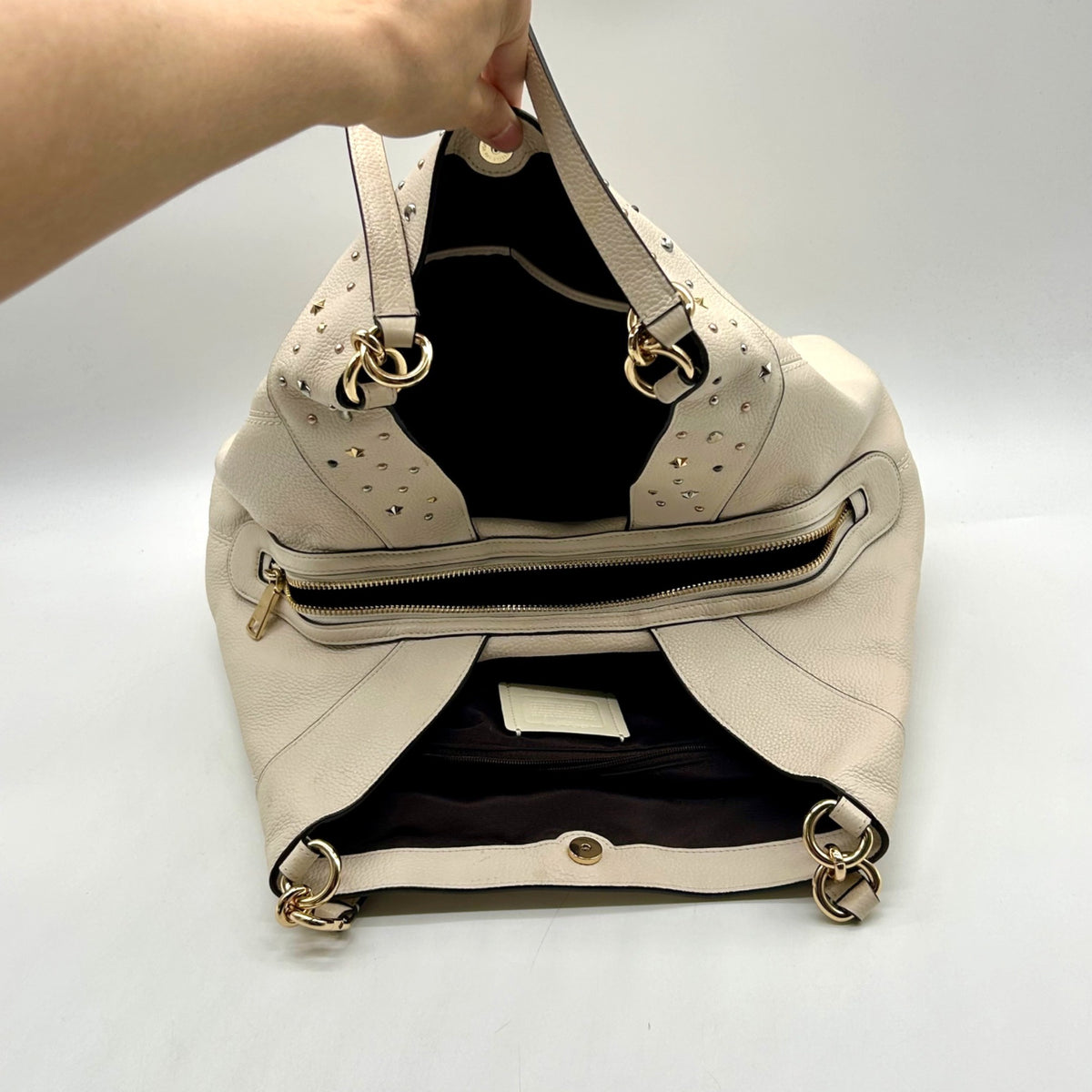 Coach Ivory Pebbled Leather Star Dust Studded Shoulder Bag