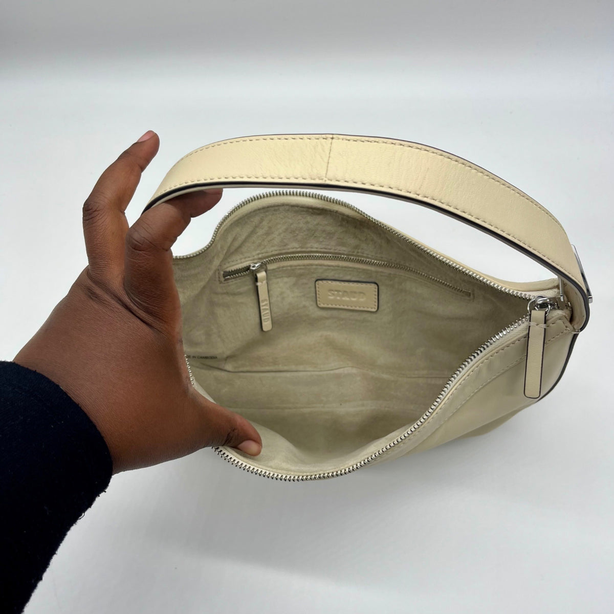 STAUD Beige Leather Demy Zip Shoulder Bag