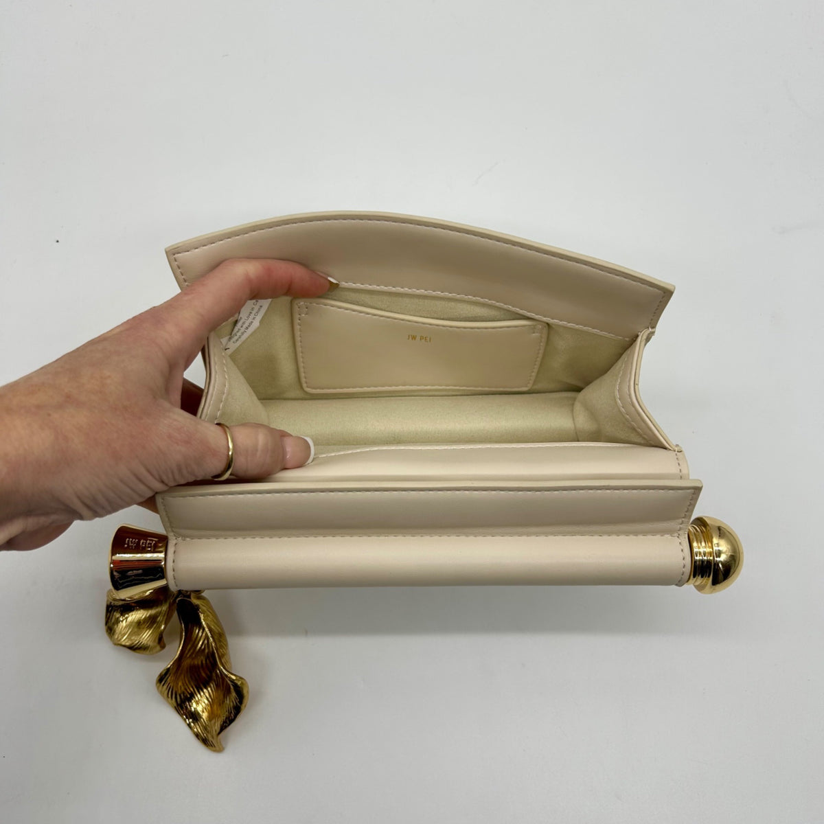 JW PEI Cream Leather Metal Pendant Embellished Clutch Bag