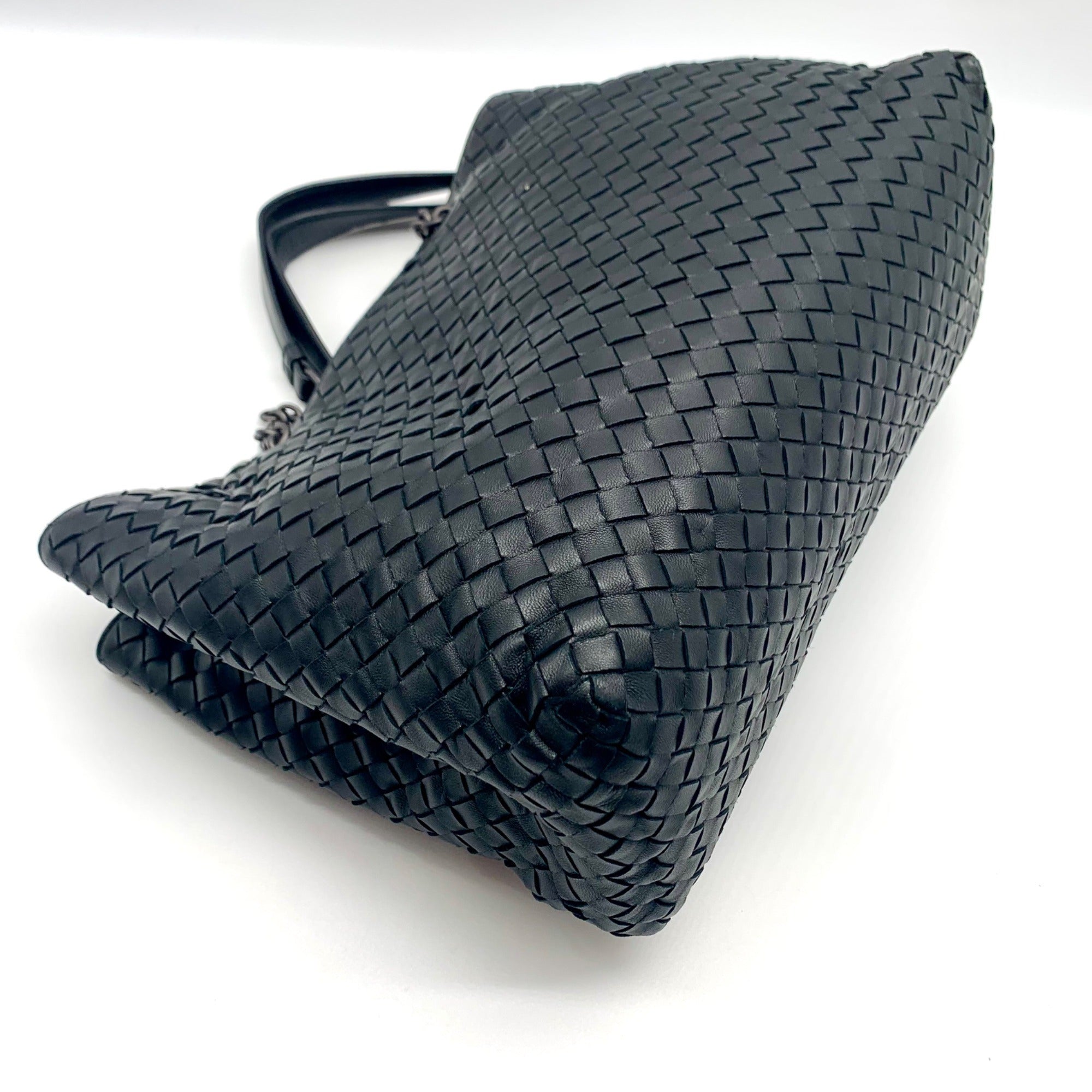 Bottega Veneta Black Leather Intrecciato Double Chain Tote Bag