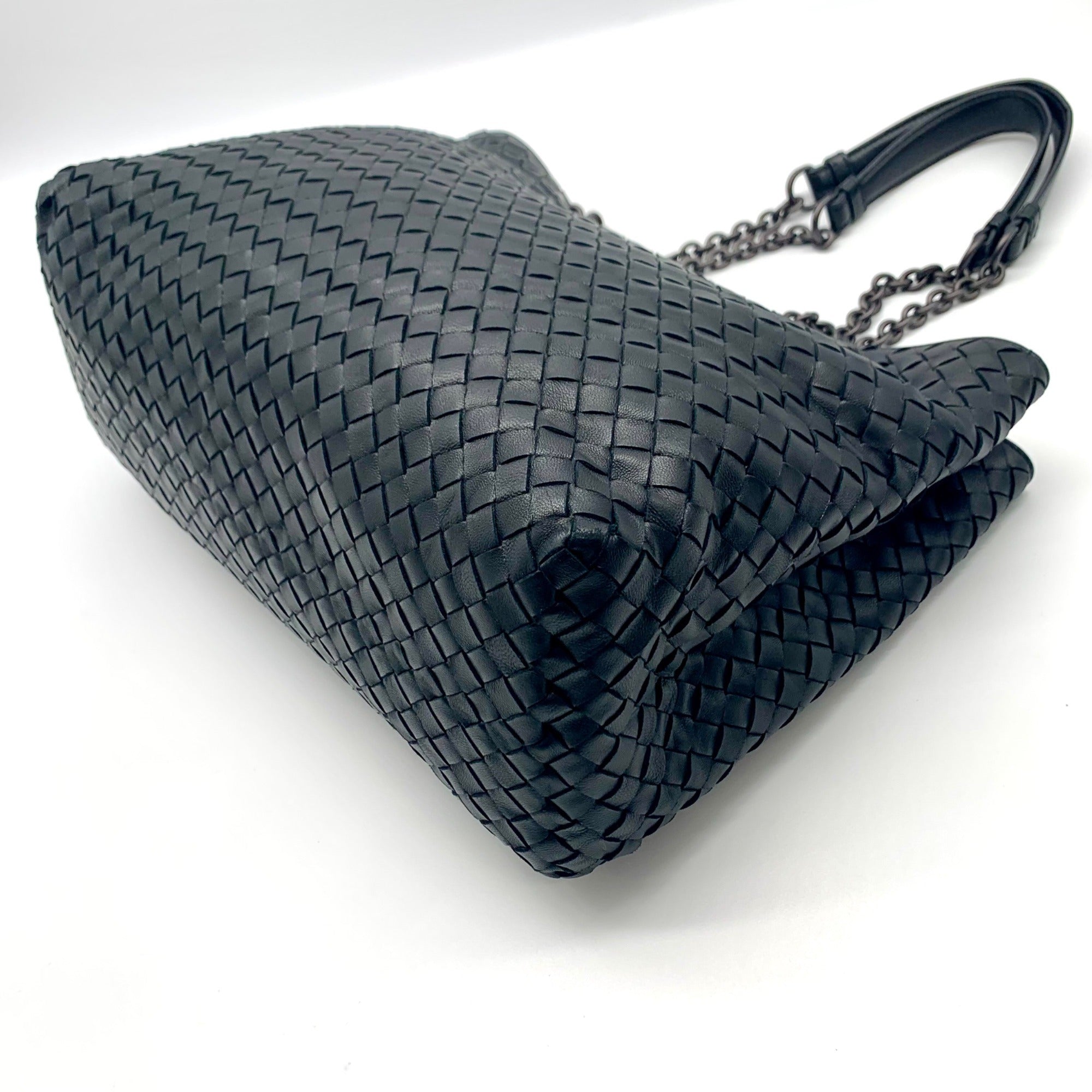 Bottega Veneta Black Leather Intrecciato Double Chain Tote Bag