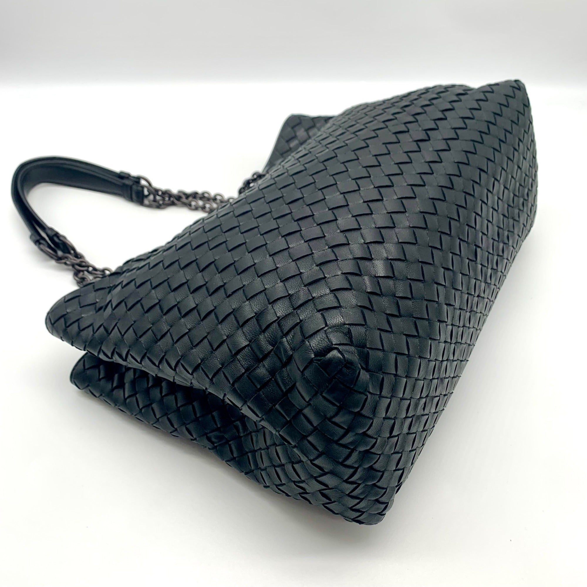 Bottega Veneta Black Leather Intrecciato Double Chain Tote Bag