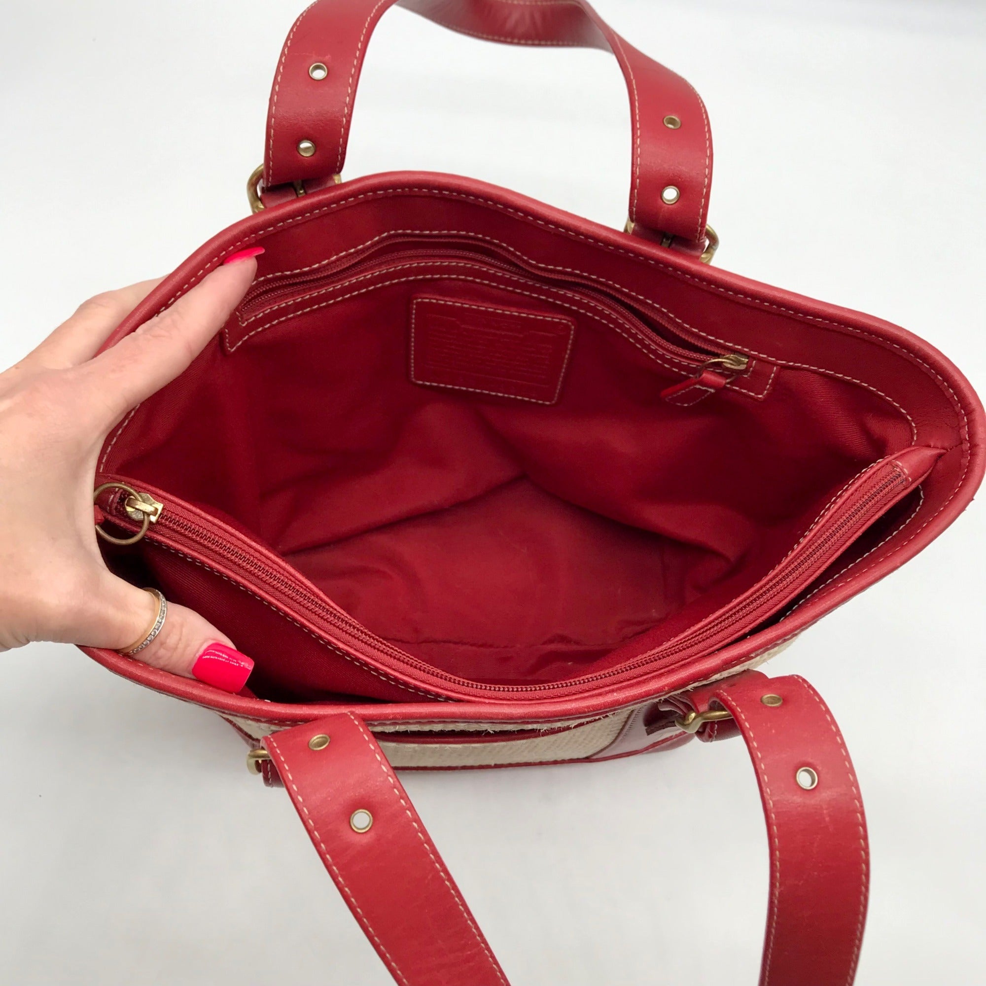 Coach Neutral And Red Cabana Straw Tote Bag 8908