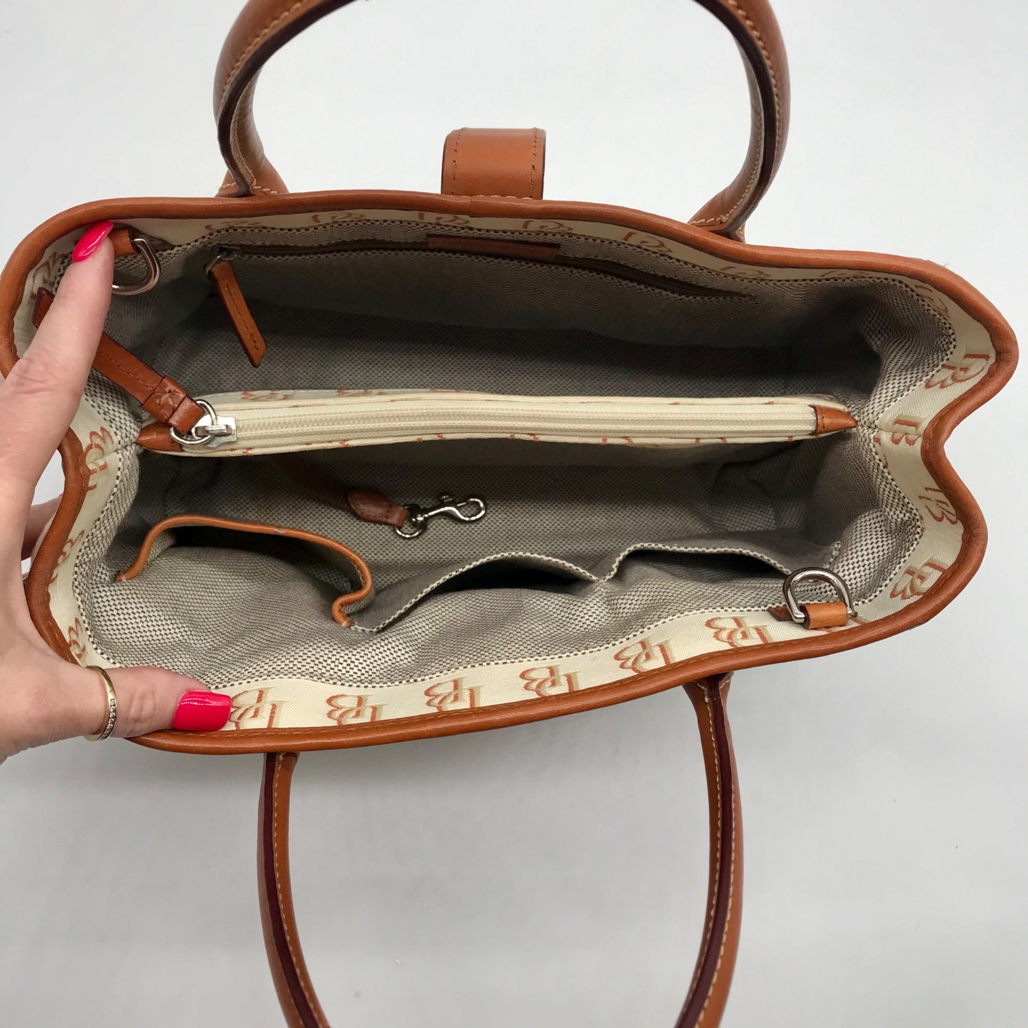 Dooney &amp; Bourke Beige And Brown Signature DB Monogramed Tote Bag