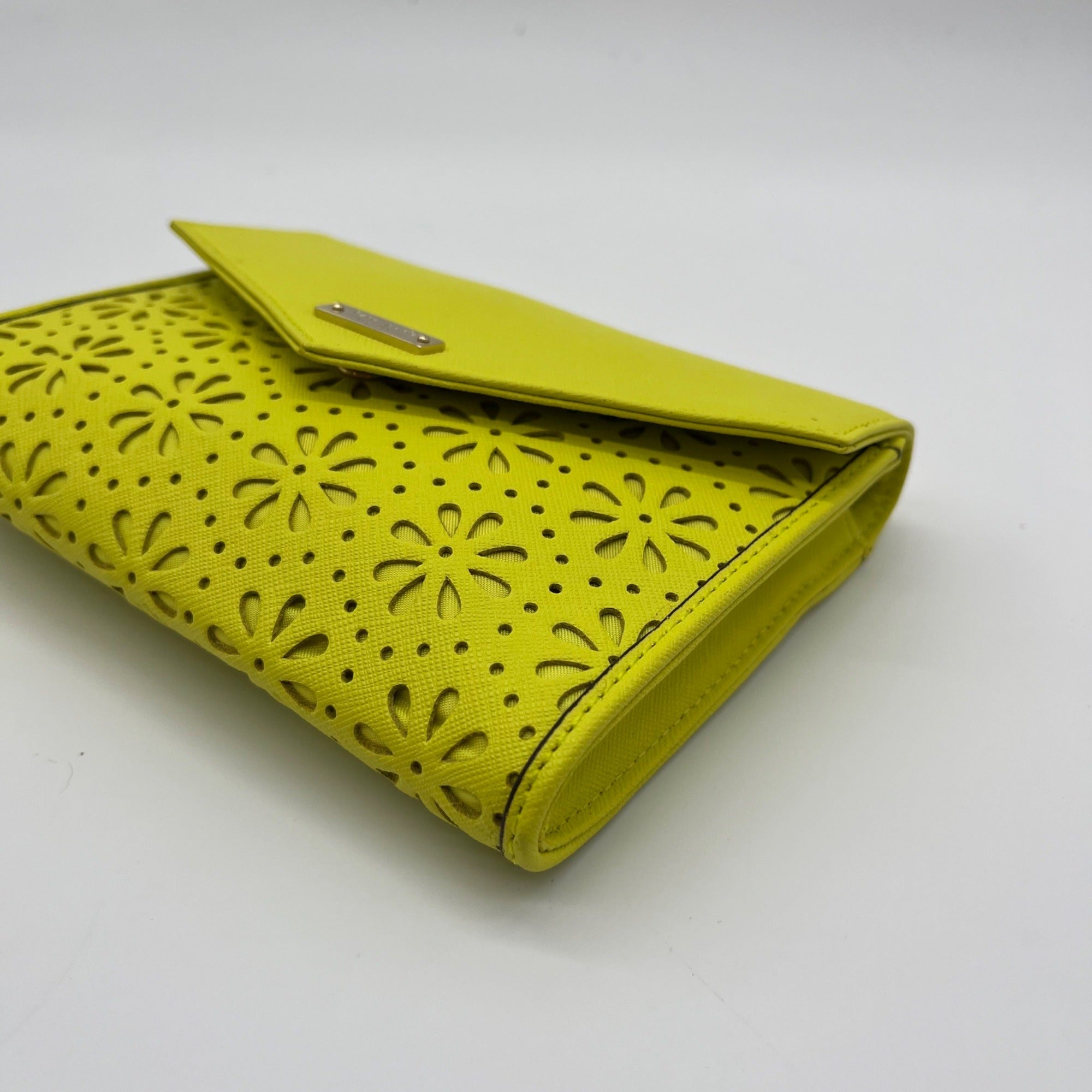 Kate Spade Yellow Saffiano Leather Mini Floral Cutout Envelope Bag