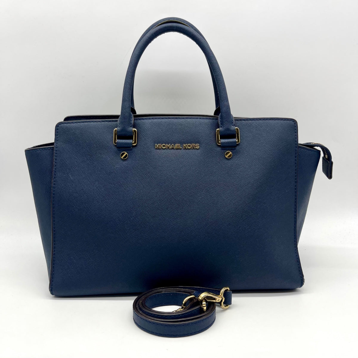 Michael Kors Blue Saffiano Leather Large Selma Zip-Top Satchel Bag