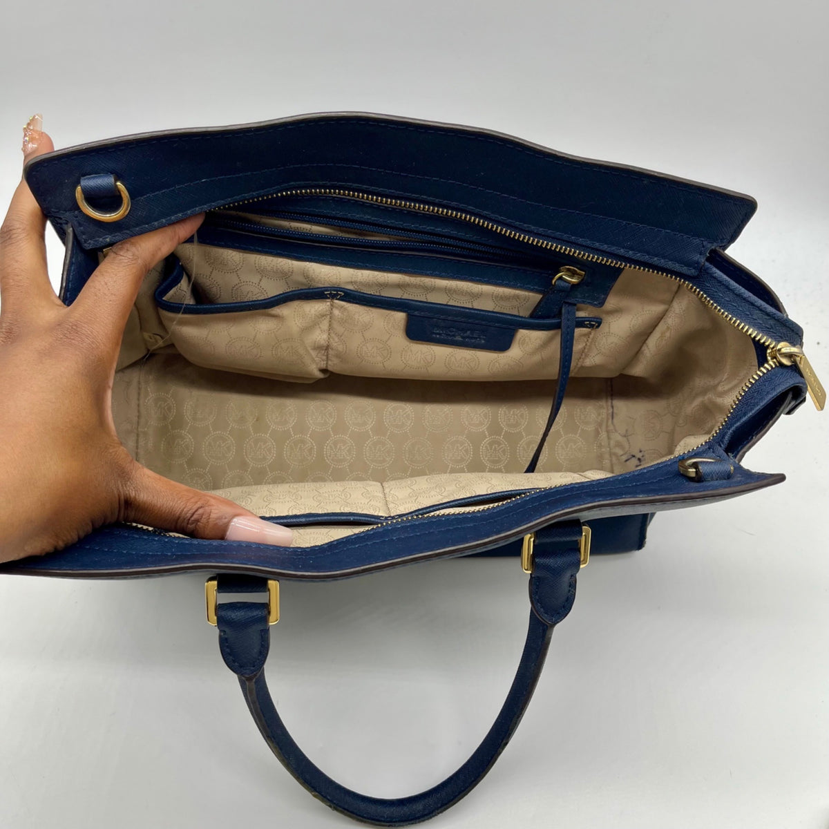 Michael Kors Blue Saffiano Leather Large Selma Zip-Top Satchel Bag