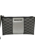 Michael Kors Silver and Gray Pebbled Leather Center Stripe Large Zip Wristlet