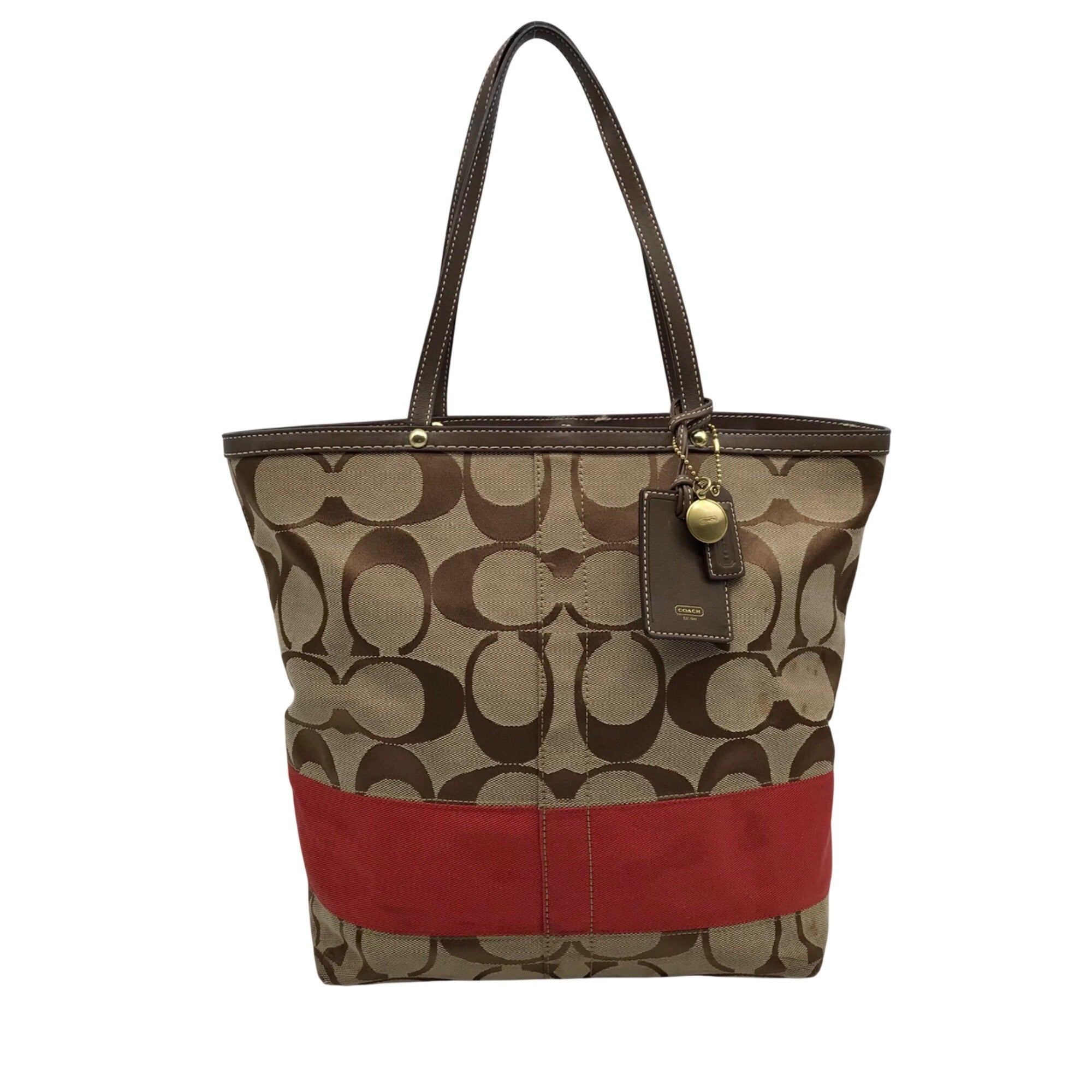 Coach Khaki &amp; Red Signature Stripe Canvas Tote Bag 10125