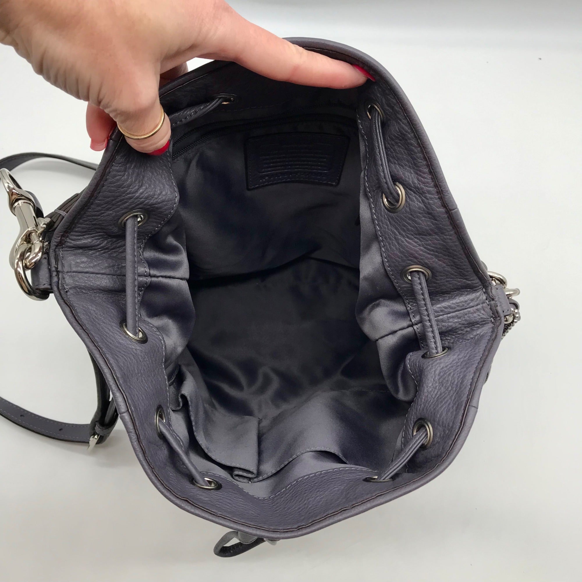 Coach Stone Gray Pebbled Leather Avery Drawstring Bucket Bag  F27003