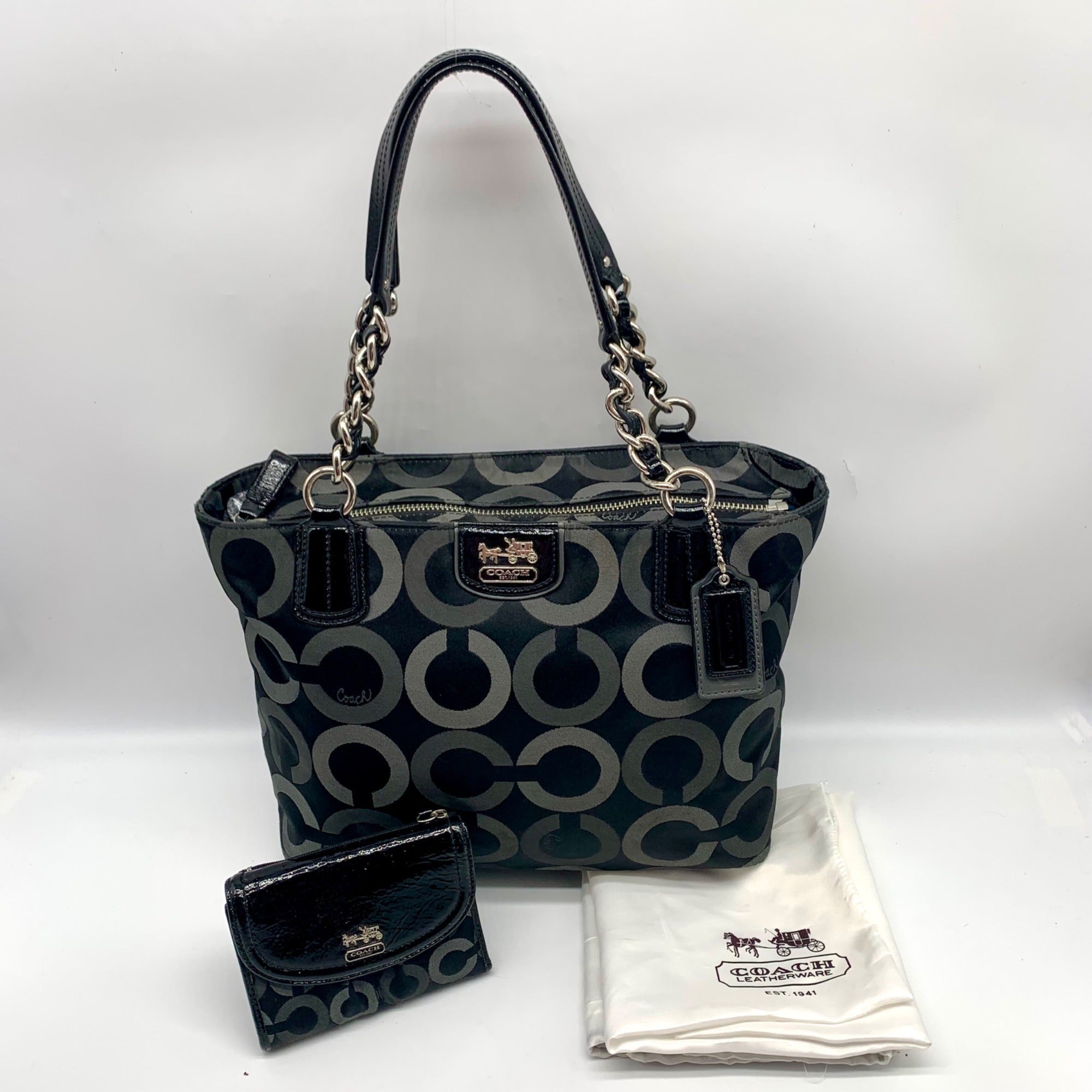 Coach Black &amp; Gray Signature Sateen Madison Tote &amp; Matching Wallet 20483